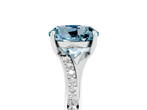 White gold Round Cut Aquamarine Solitaire Ring with Pavé Band and Prong Setting_17