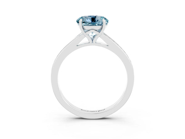 Silver Round Cut Aquamarine Solitaire Ring with Pavé Band and Prong Setting