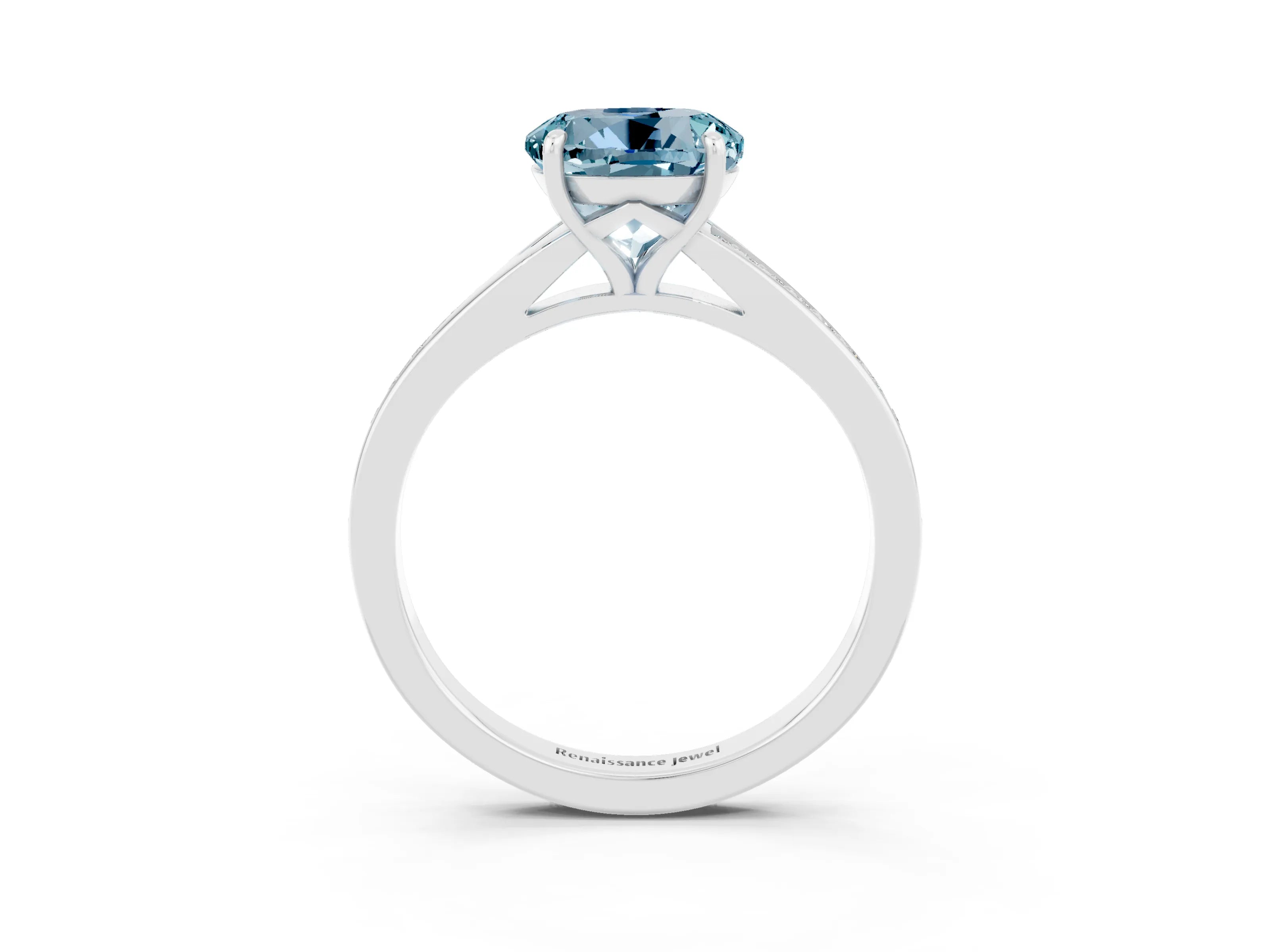 White gold Round Cut Aquamarine Solitaire Ring with Pavé Band and Prong Setting_3