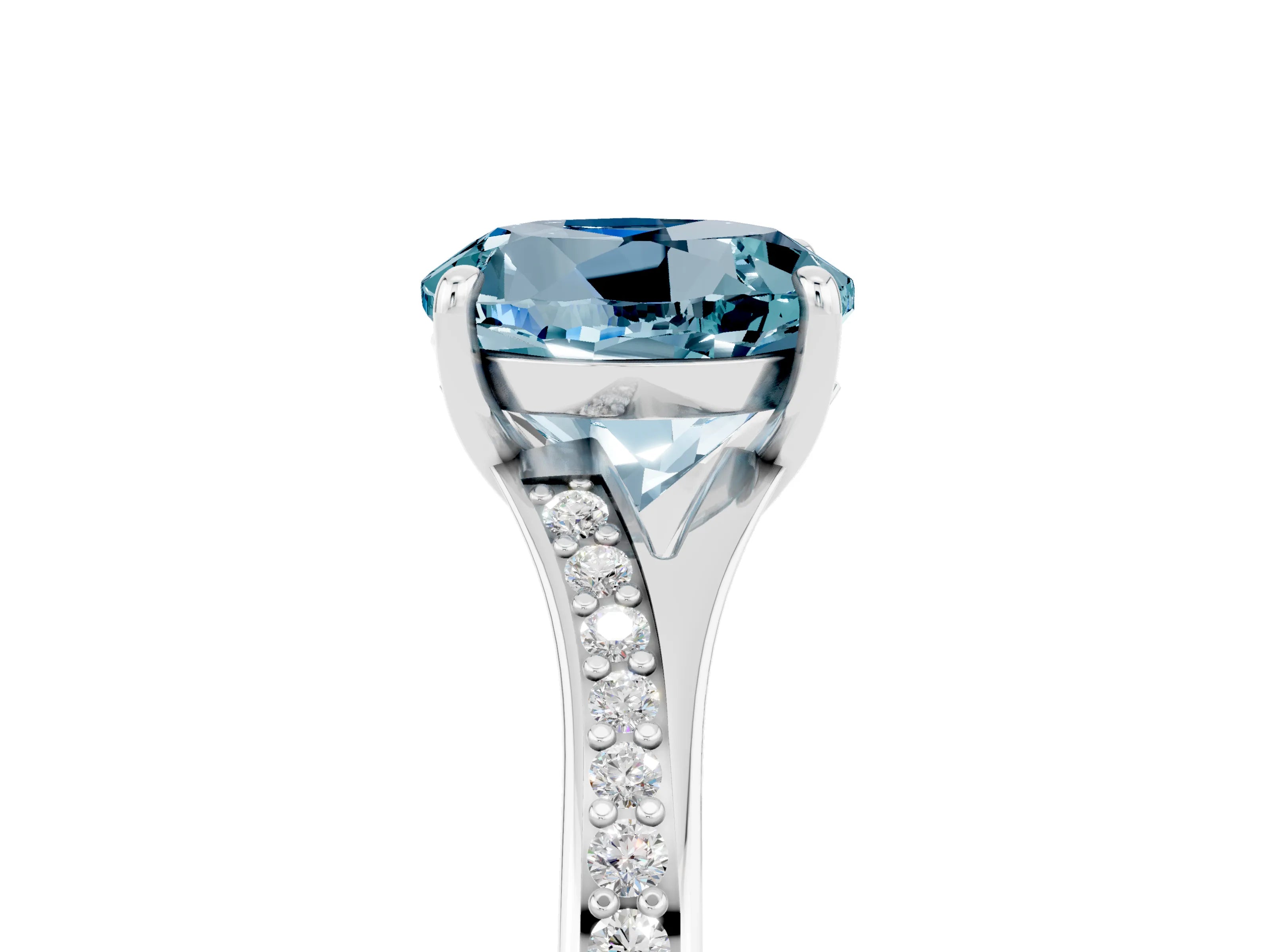 White gold Round Cut Aquamarine Solitaire Ring with Pavé Band and Prong Setting_5