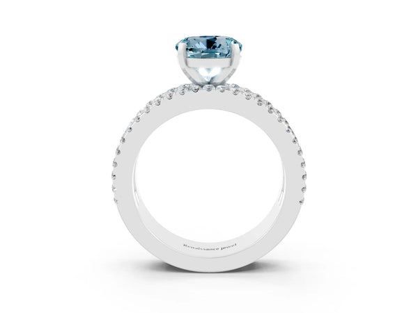 White gold Round Cut Aquamarine Solitaire Ring with Pavé and Channel Set Band