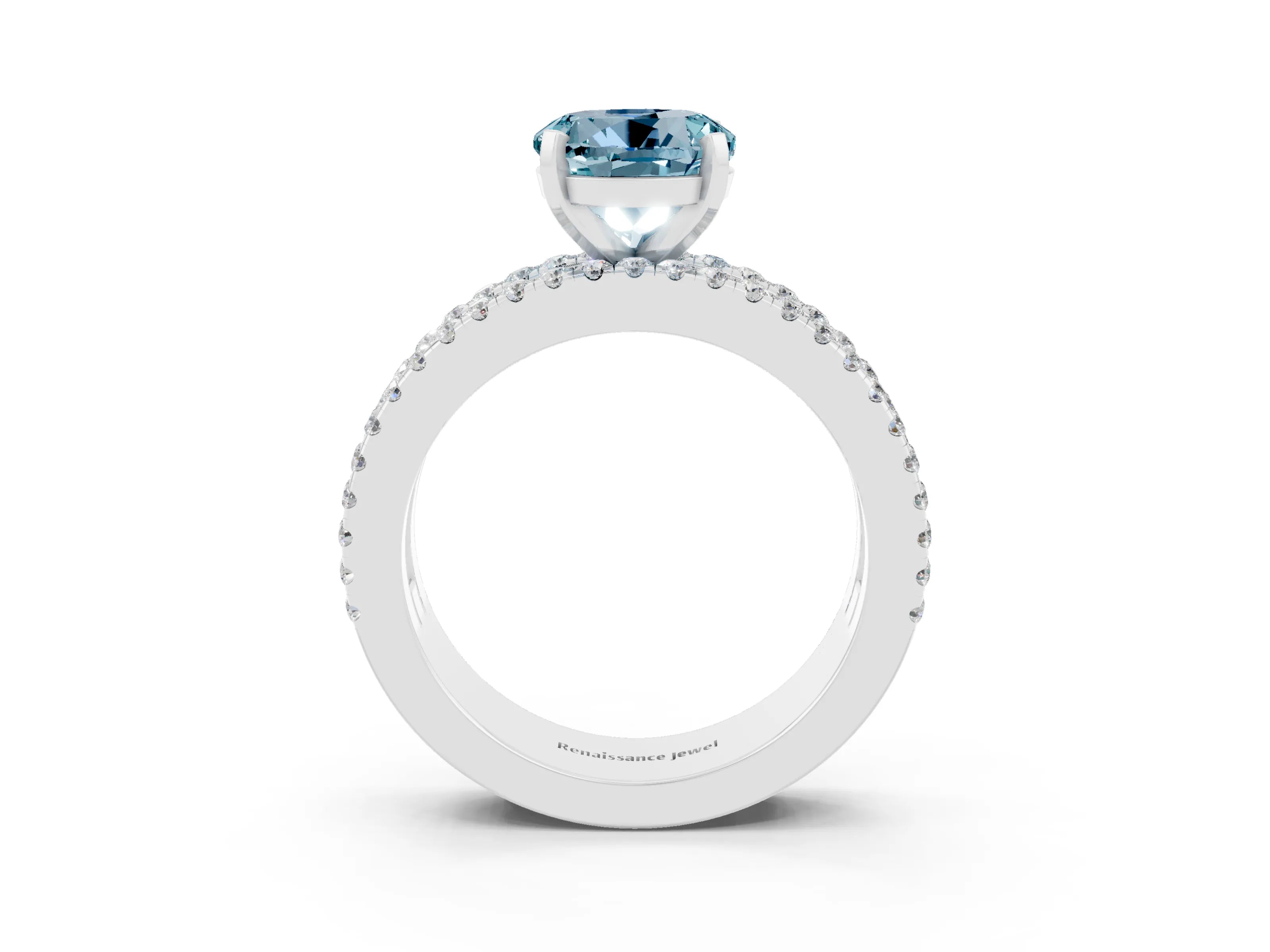 White gold Round Cut Aquamarine Solitaire Ring with Pavé and Channel Set Band_3
