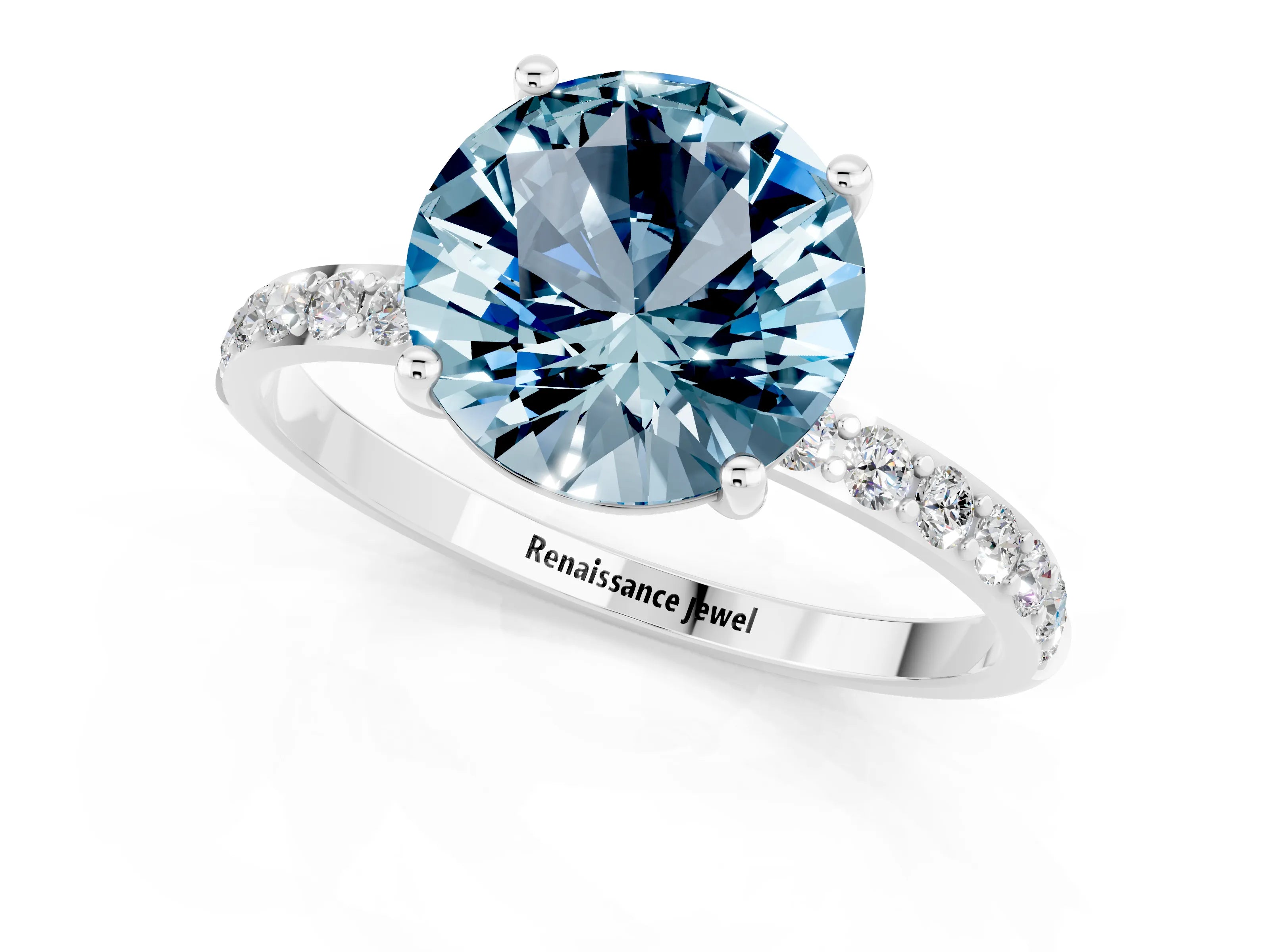 White gold Round Cut Aquamarine Solitaire Ring with Pave Band and Four Prong Setting_13