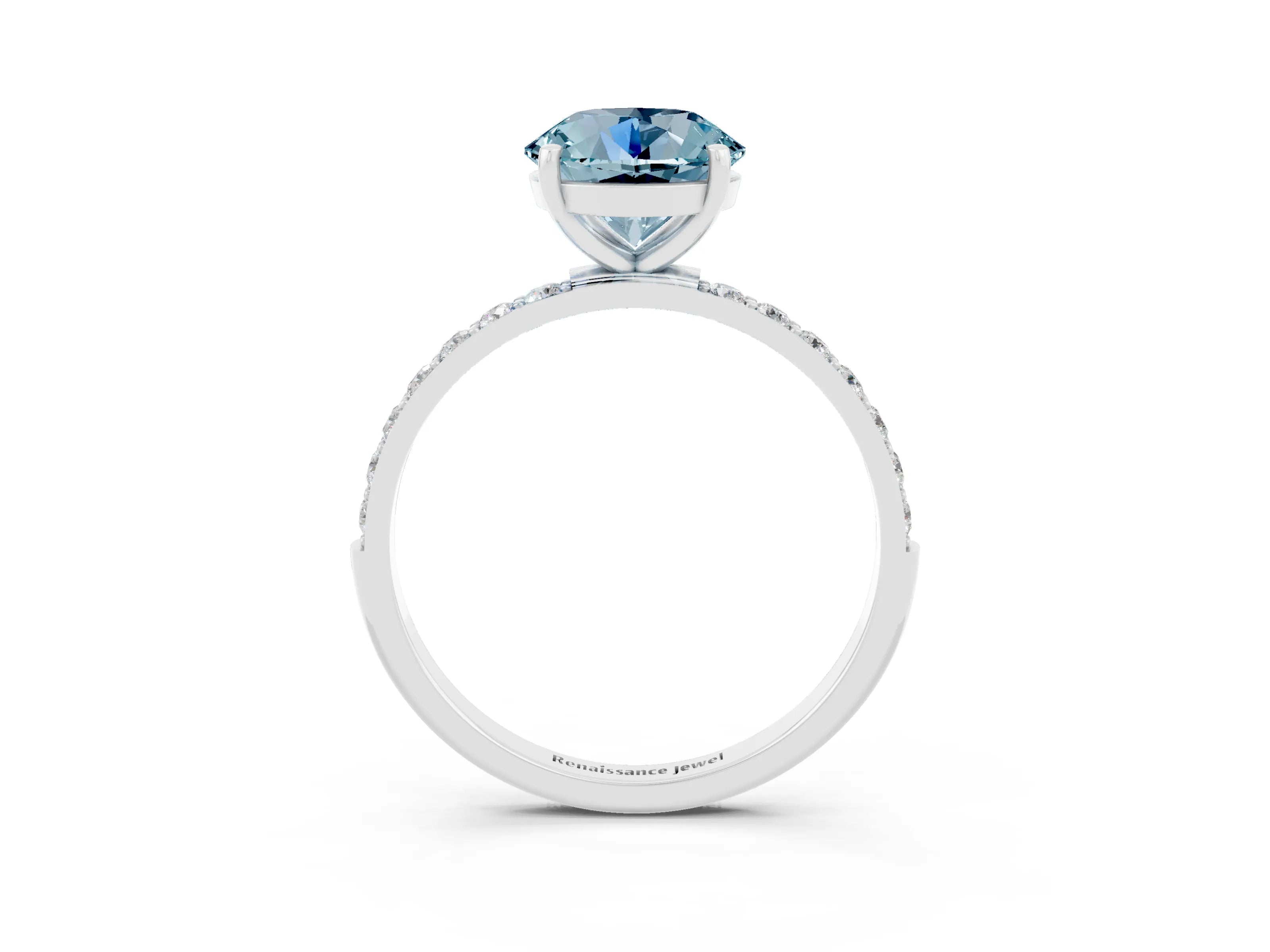 White gold Round Cut Aquamarine Solitaire Ring with Pave Band and Four Prong Setting_15