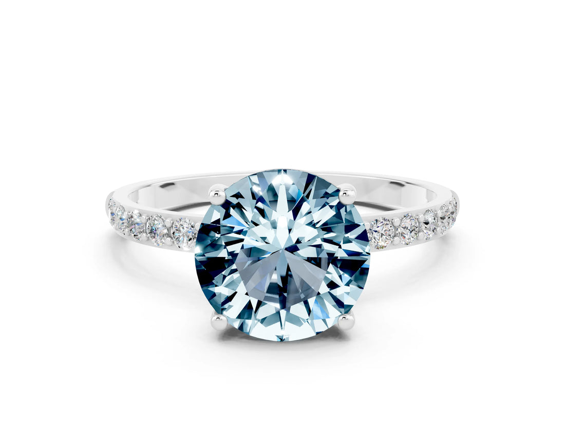 White gold Round Cut Aquamarine Solitaire Ring with Pave Band and Four Prong Setting_24