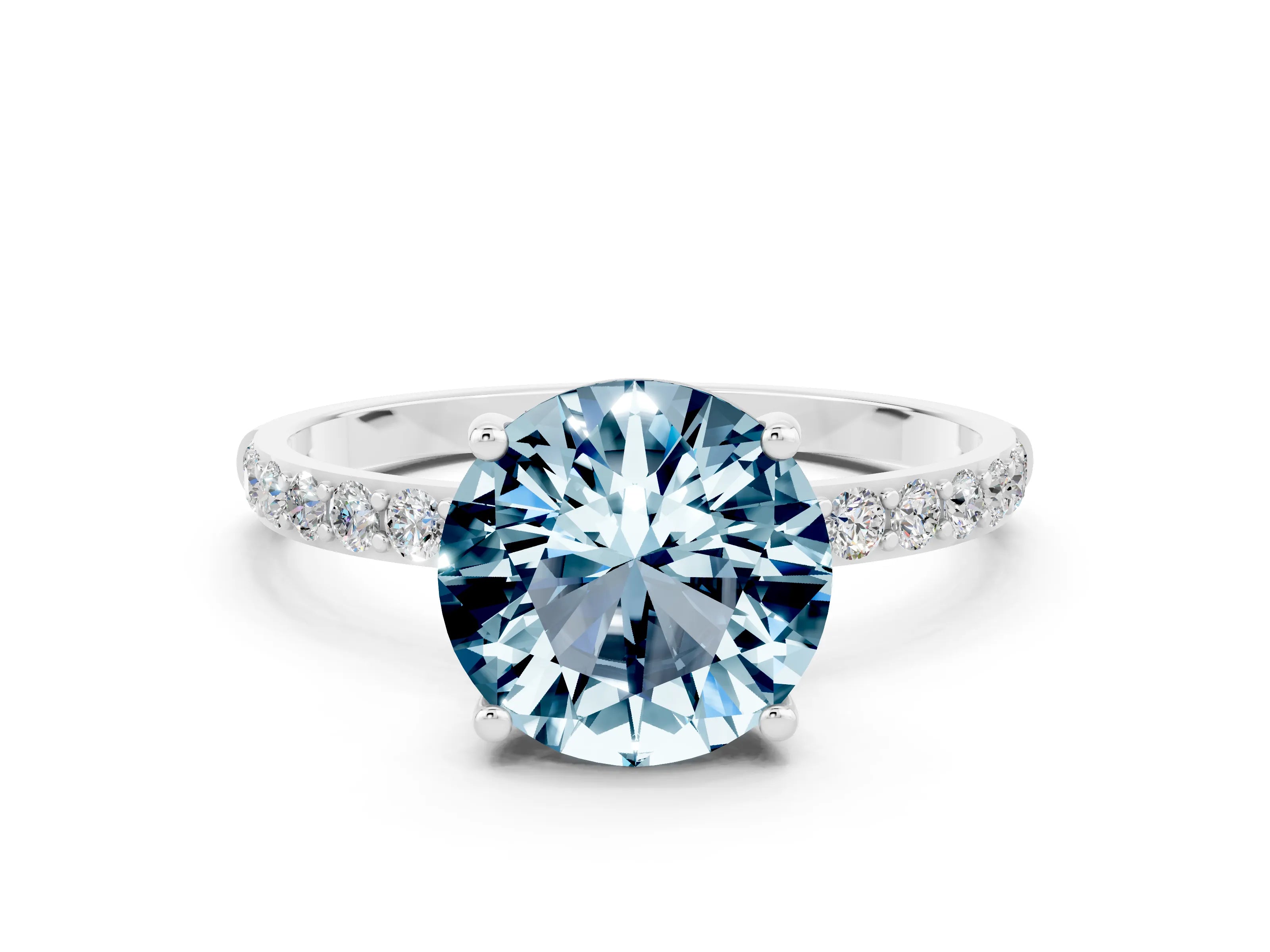 White gold Round Cut Aquamarine Solitaire Ring with Pave Band and Four Prong Setting_24