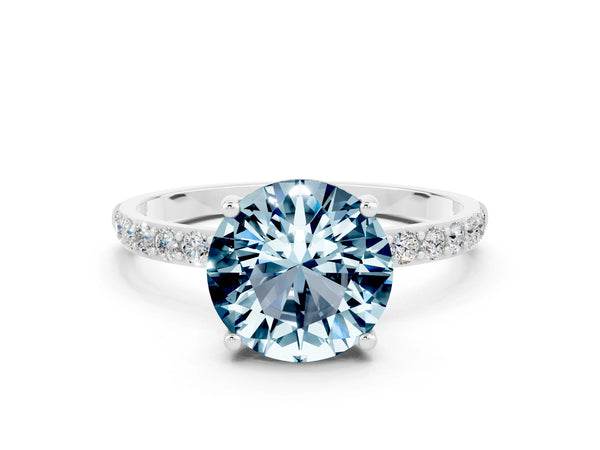 Silver Round Cut Aquamarine Solitaire Ring with Round  Pavé Band and Prong Setting