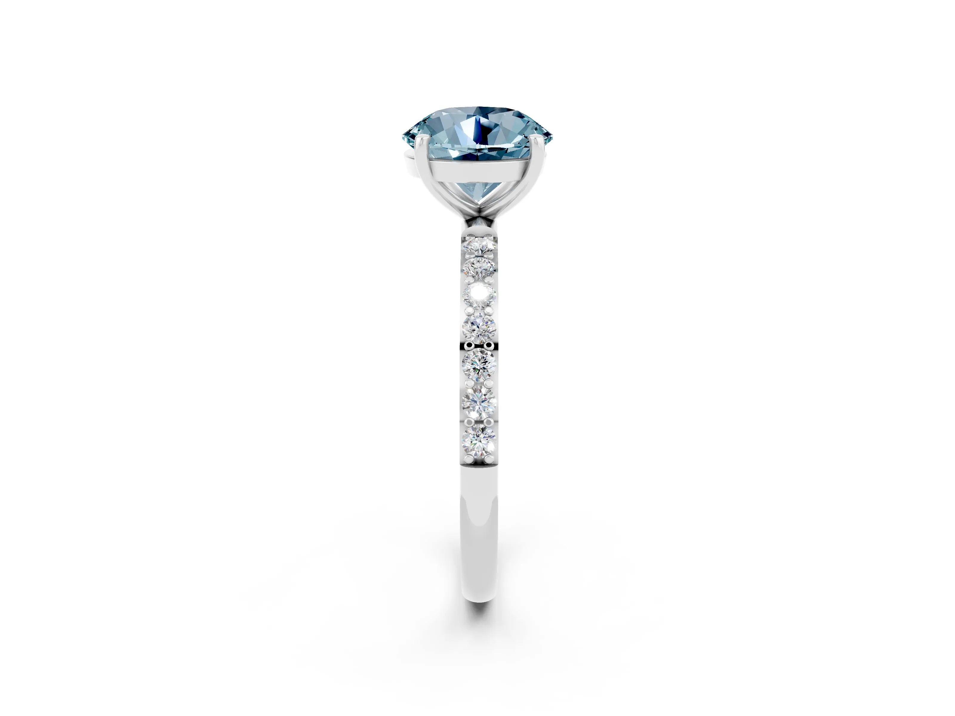 White gold Round Cut Aquamarine Solitaire Ring with Pave Band and Four Prong Setting_26