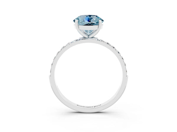 Silver Round Cut Aquamarine Solitaire Ring with Round  Pavé Band and Prong Setting