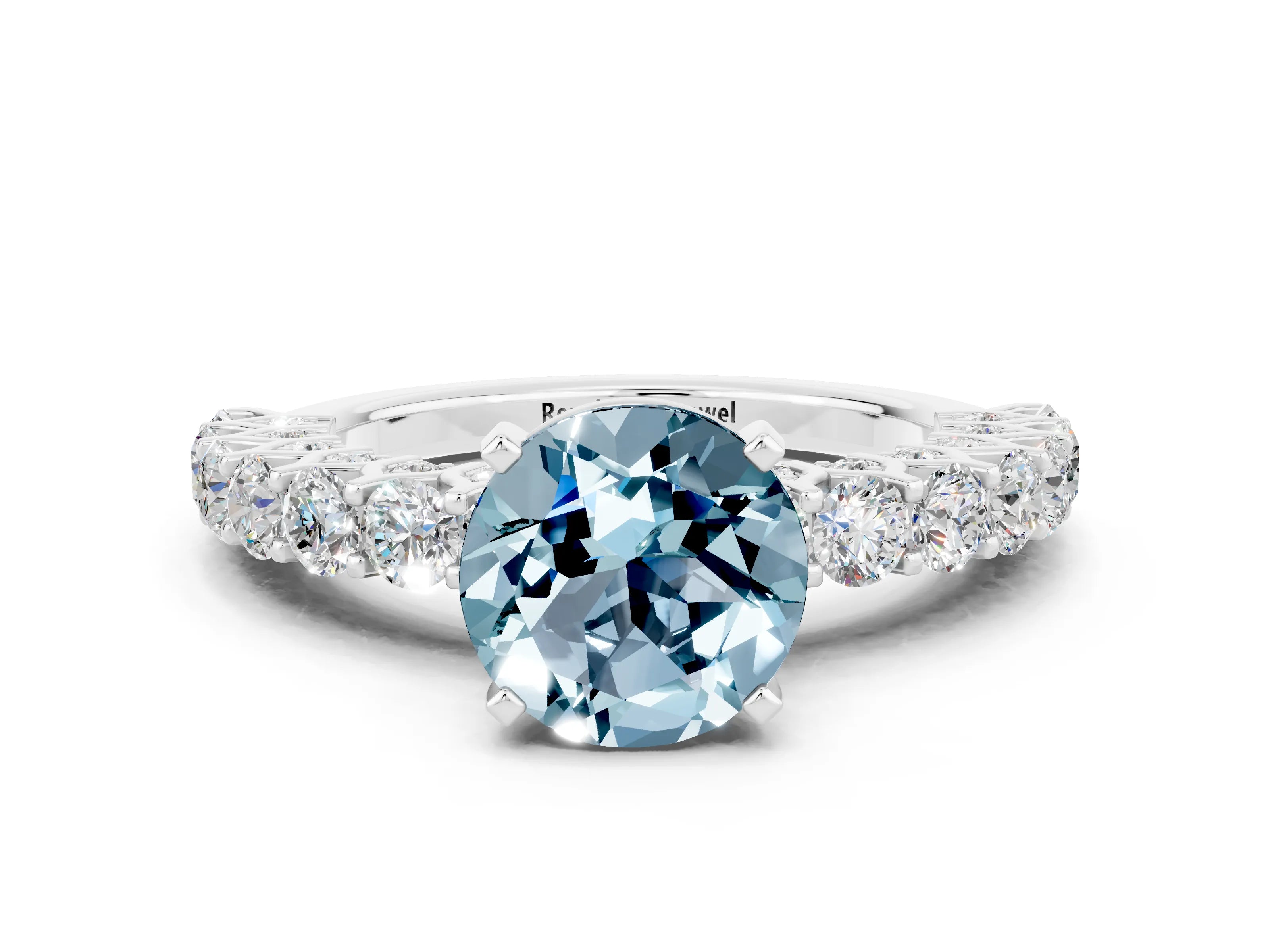 White gold Round Cut Aquamarine Solitaire Ring with Shared Prong Pavé Band and Four-Prong Setting