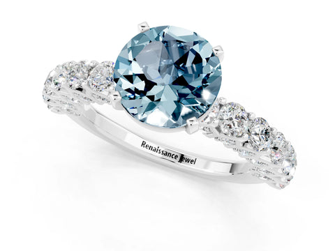 White gold Round Cut Aquamarine Solitaire Ring with Shared Prong Pavé Band and Four-Prong Setting_1