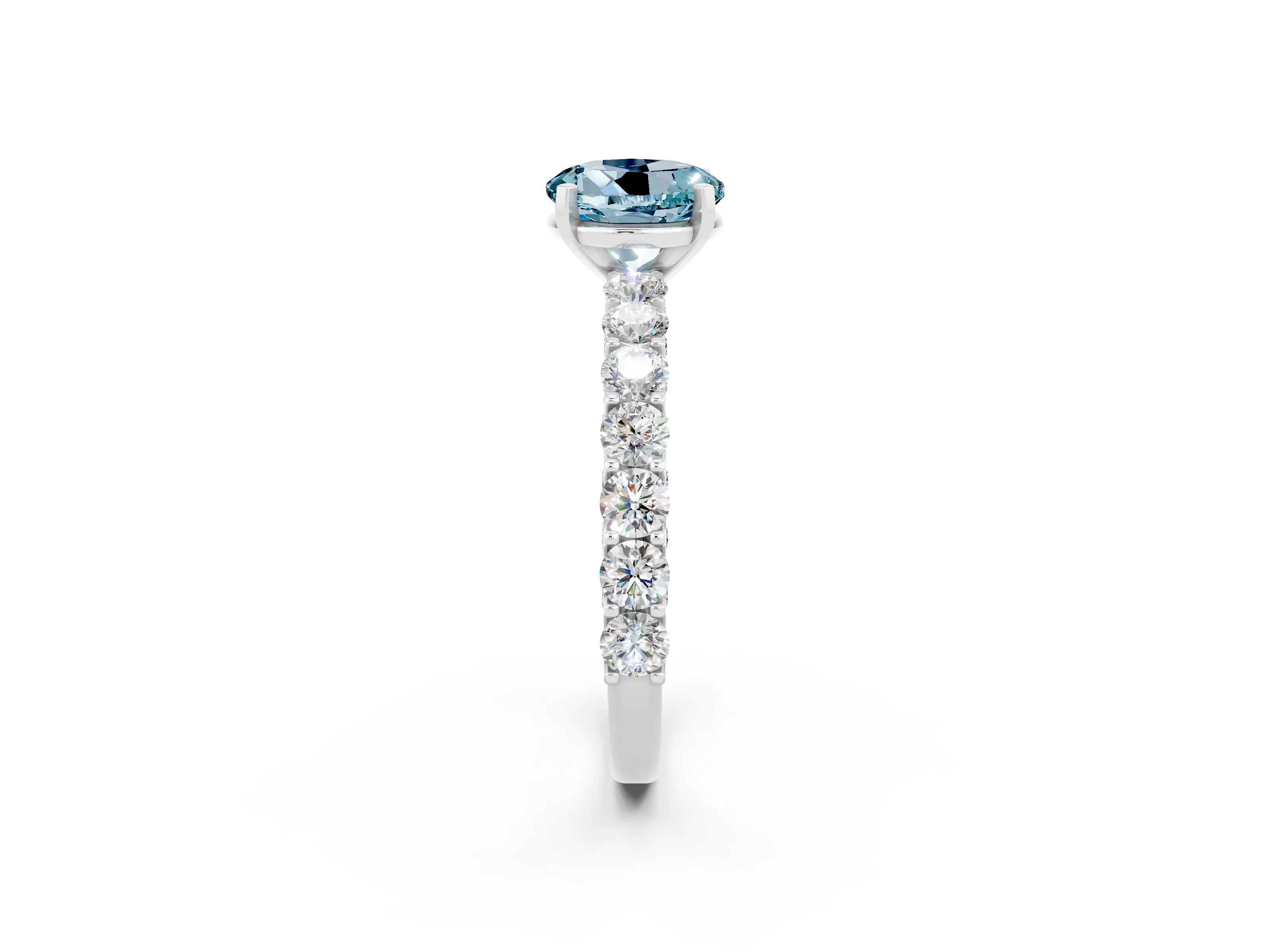 White gold Round Cut Aquamarine Solitaire Ring with Shared Prong Pavé Band and Four-Prong Setting_2