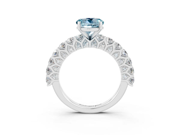 White gold Round Cut Aquamarine Solitaire Ring with Shared Prong Pavé Band and Four-Prong Setting