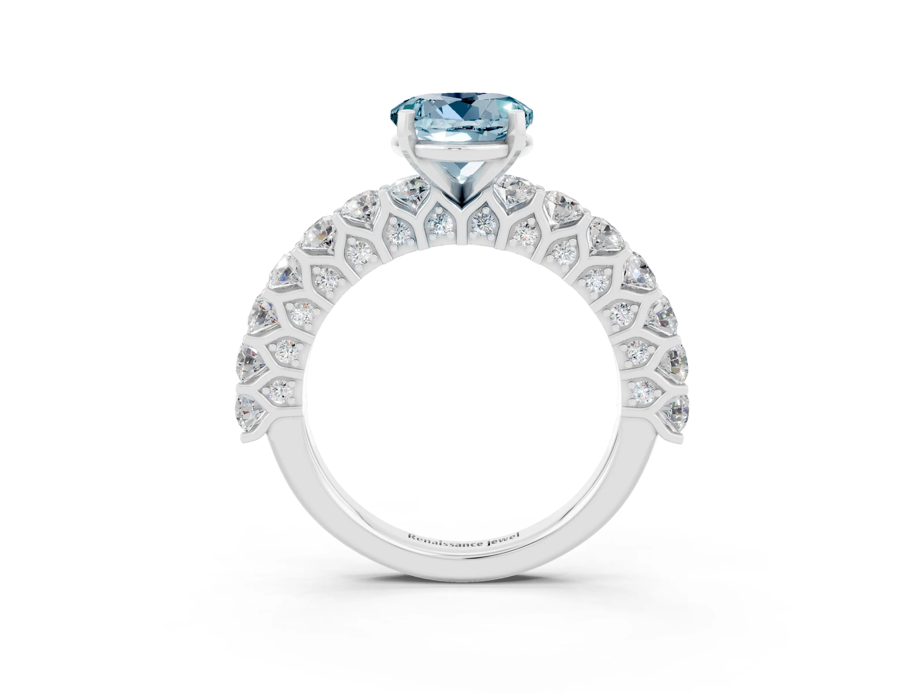 White gold Round Cut Aquamarine Solitaire Ring with Shared Prong Pavé Band and Four-Prong Setting_3