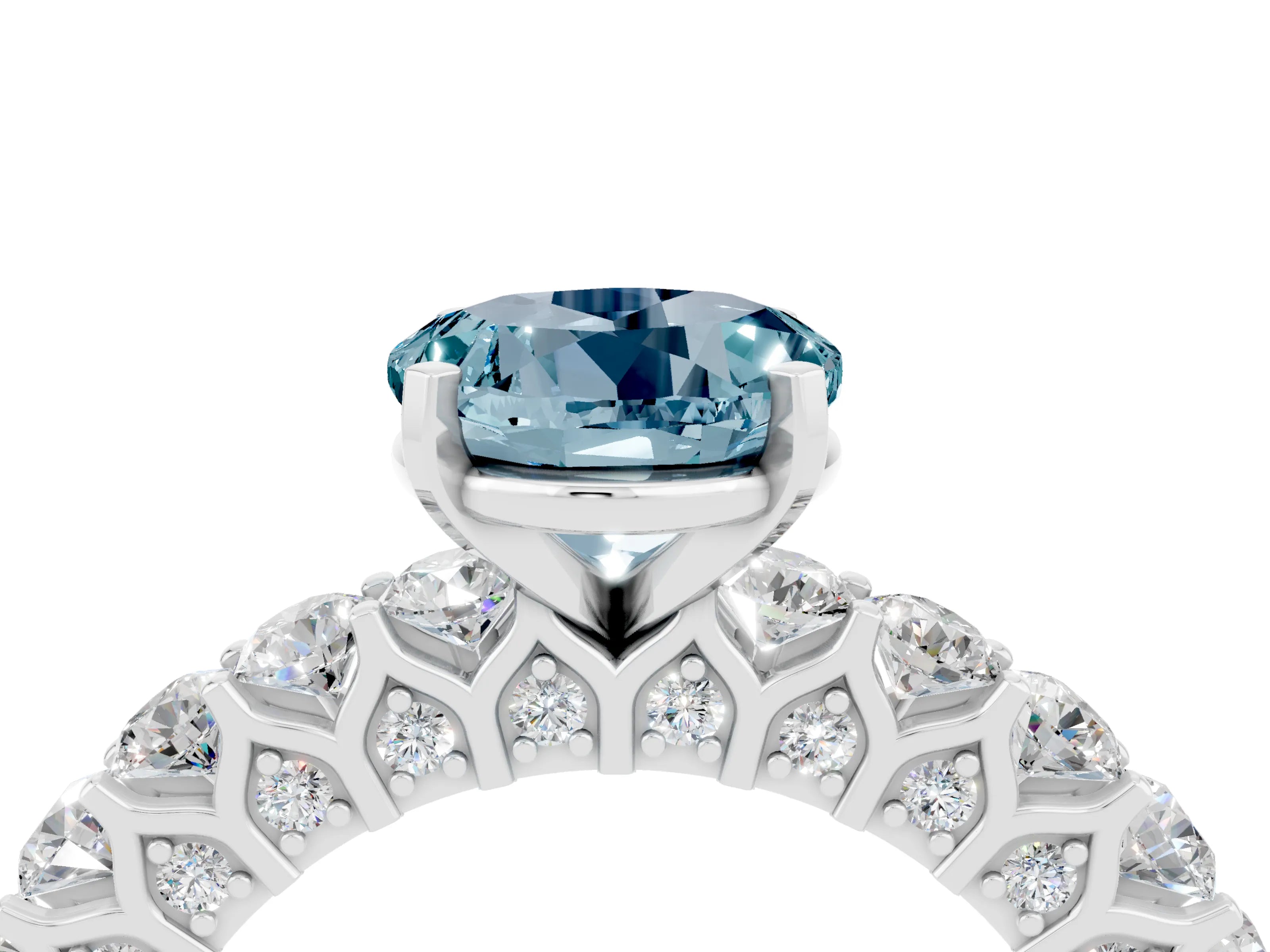 White gold Round Cut Aquamarine Solitaire Ring with Shared Prong Pavé Band and Four-Prong Setting_4