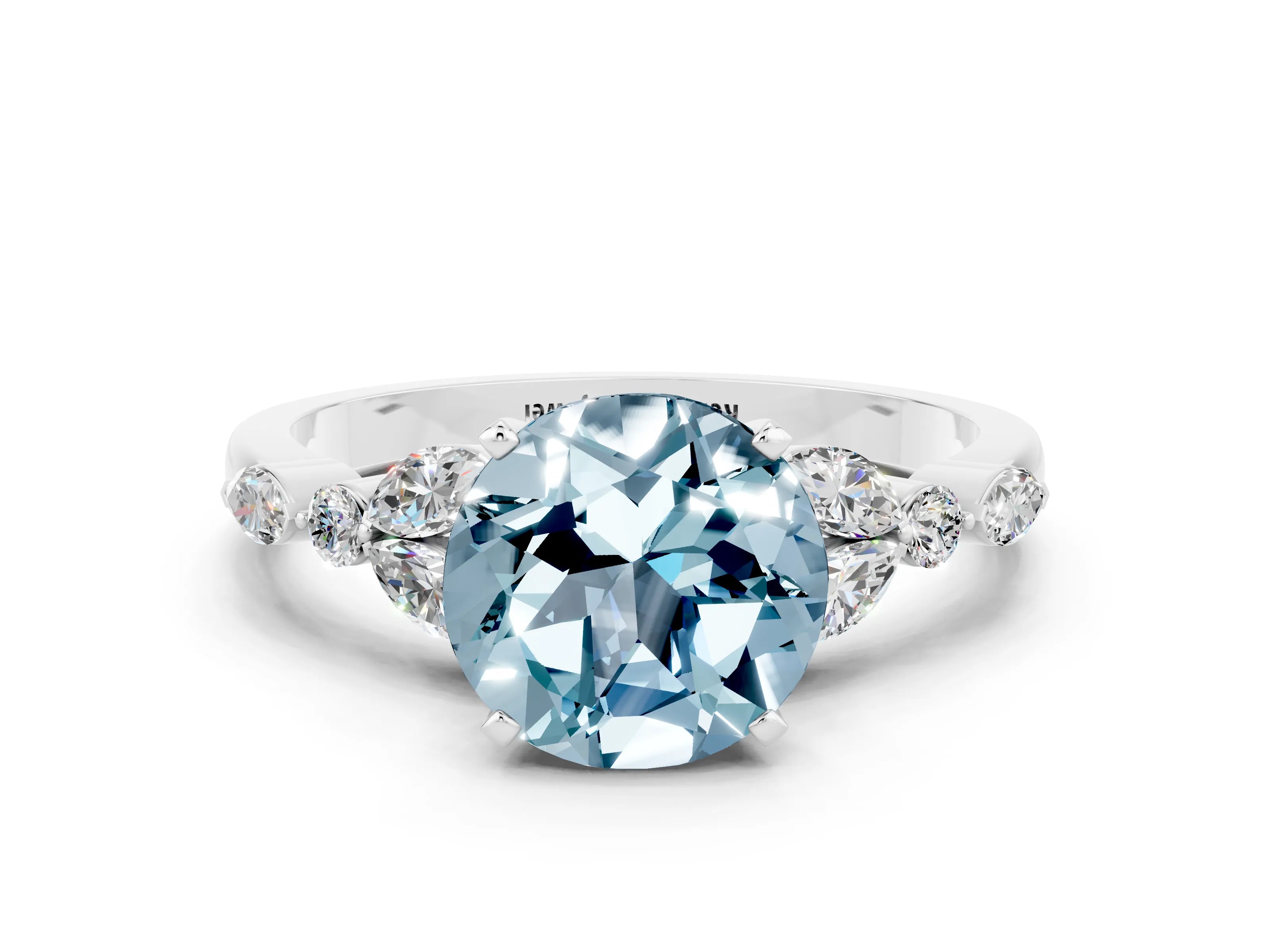 White gold Round Cut Aquamarine Solitaire Ring with Side Stones and Four-Prong Setting_12