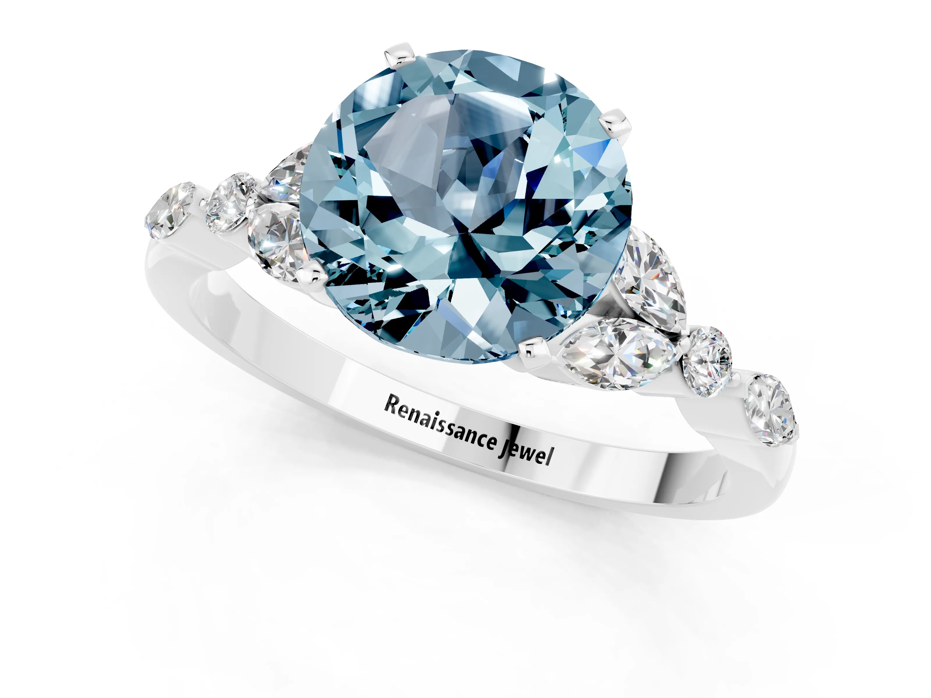 White gold Round Cut Aquamarine Solitaire Ring with Side Stones and Four-Prong Setting_13