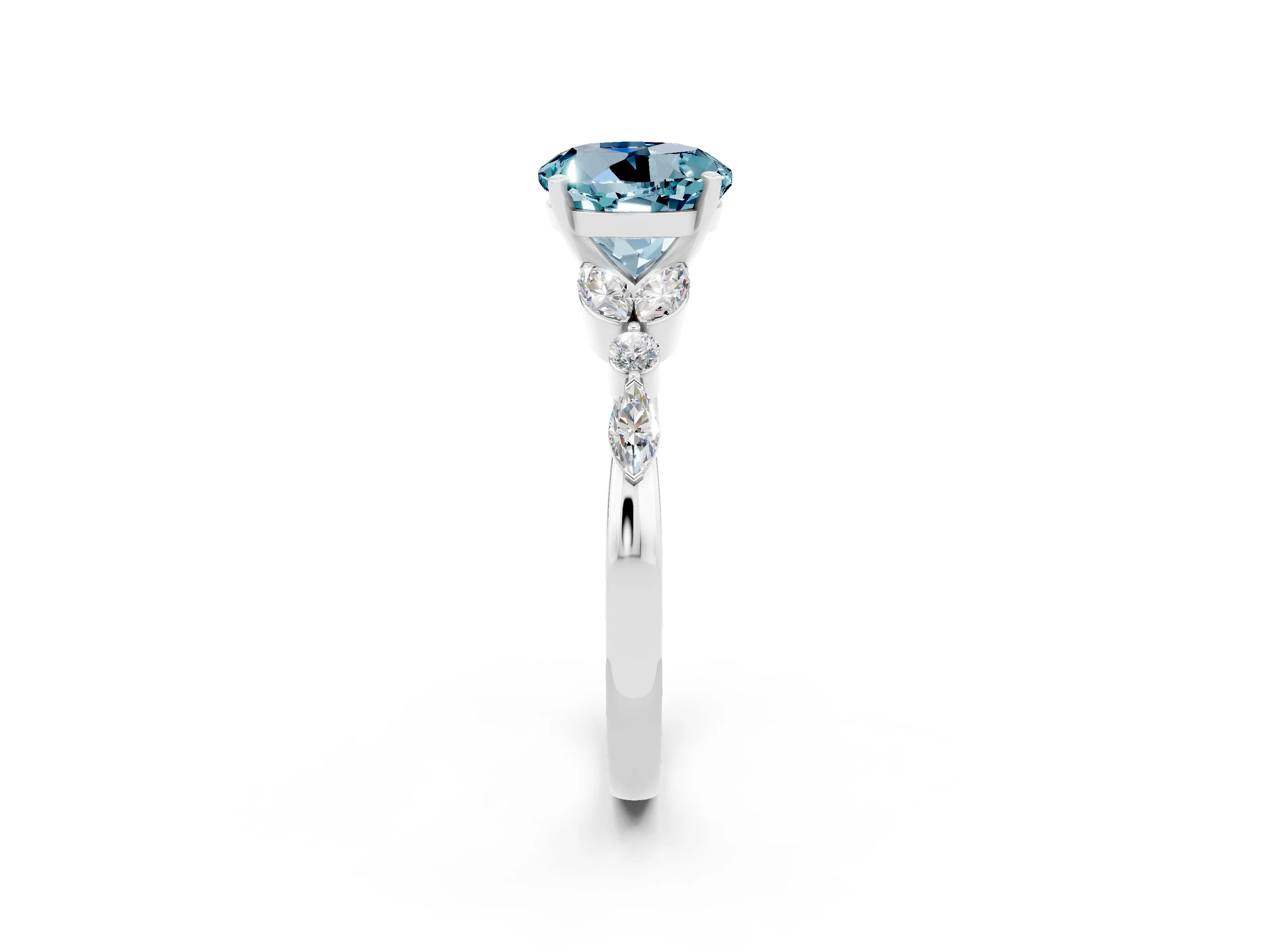 White gold Round Cut Aquamarine Solitaire Ring with Side Stones and Four-Prong Setting_14