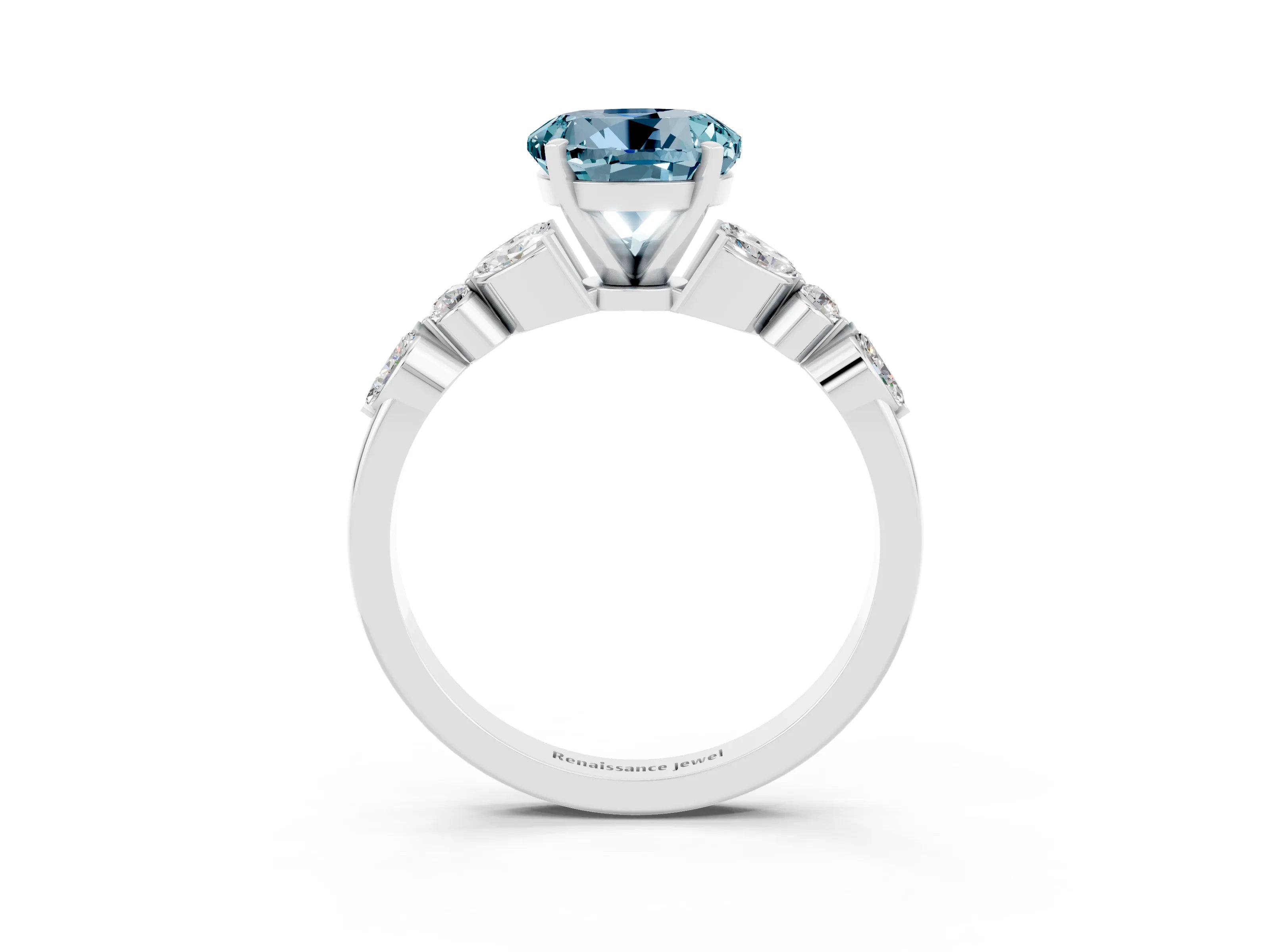 White gold Round Cut Aquamarine Solitaire Ring with Side Stones and Four-Prong Setting_15