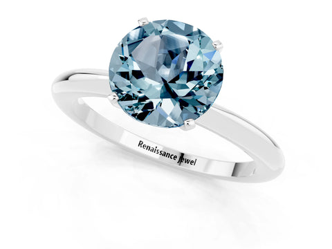 White gold Round Cut Aquamarine Solitaire Ring with Six-Prong Setting and Classic Band_1