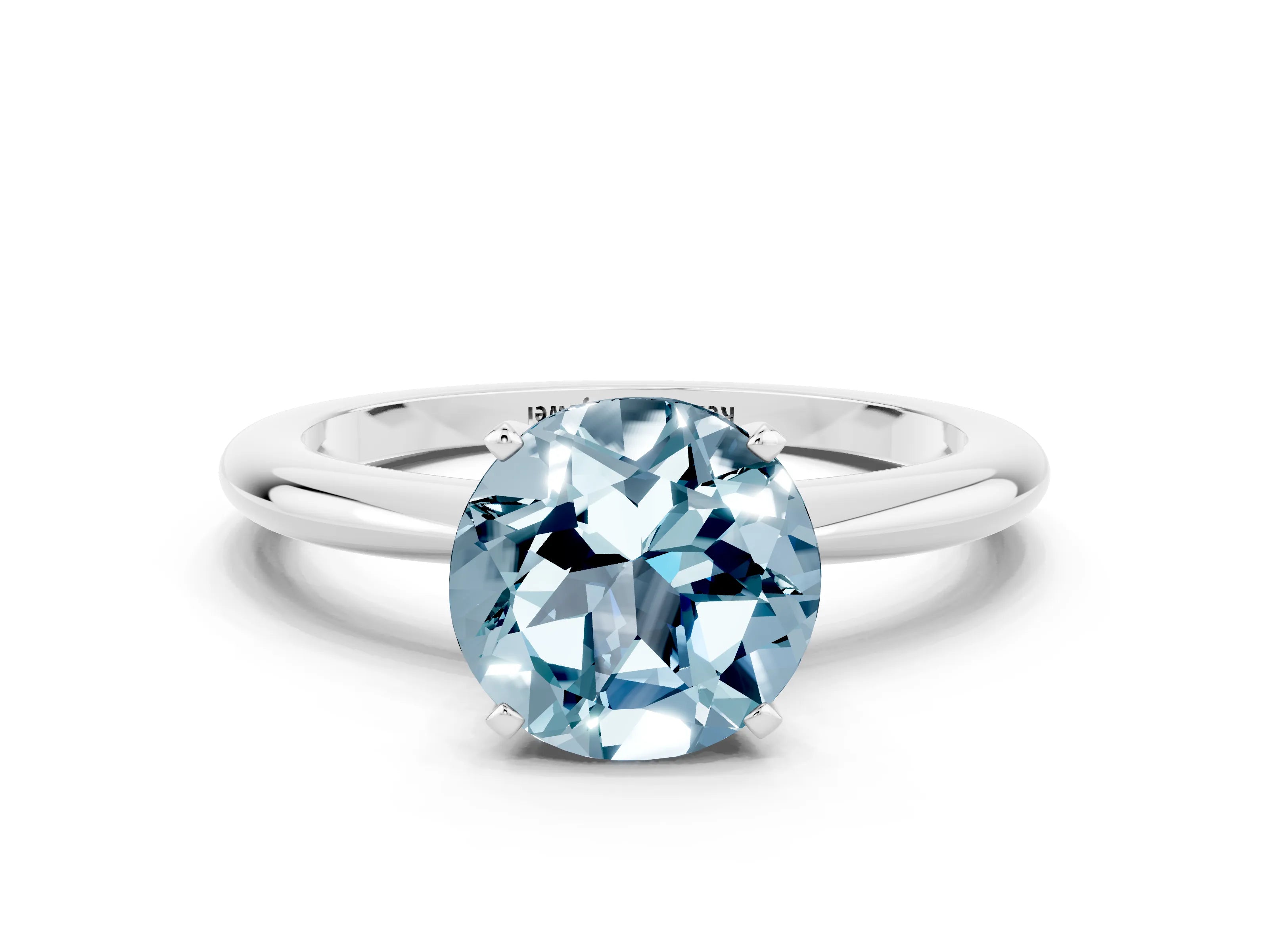 White gold Round Cut Aquamarine Solitaire Ring with Six-Prong Setting and Classic Band