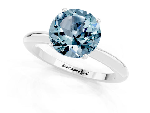 White gold Round Cut Aquamarine Solitaire Ring with Six-Prong Setting and Classic Band_7
