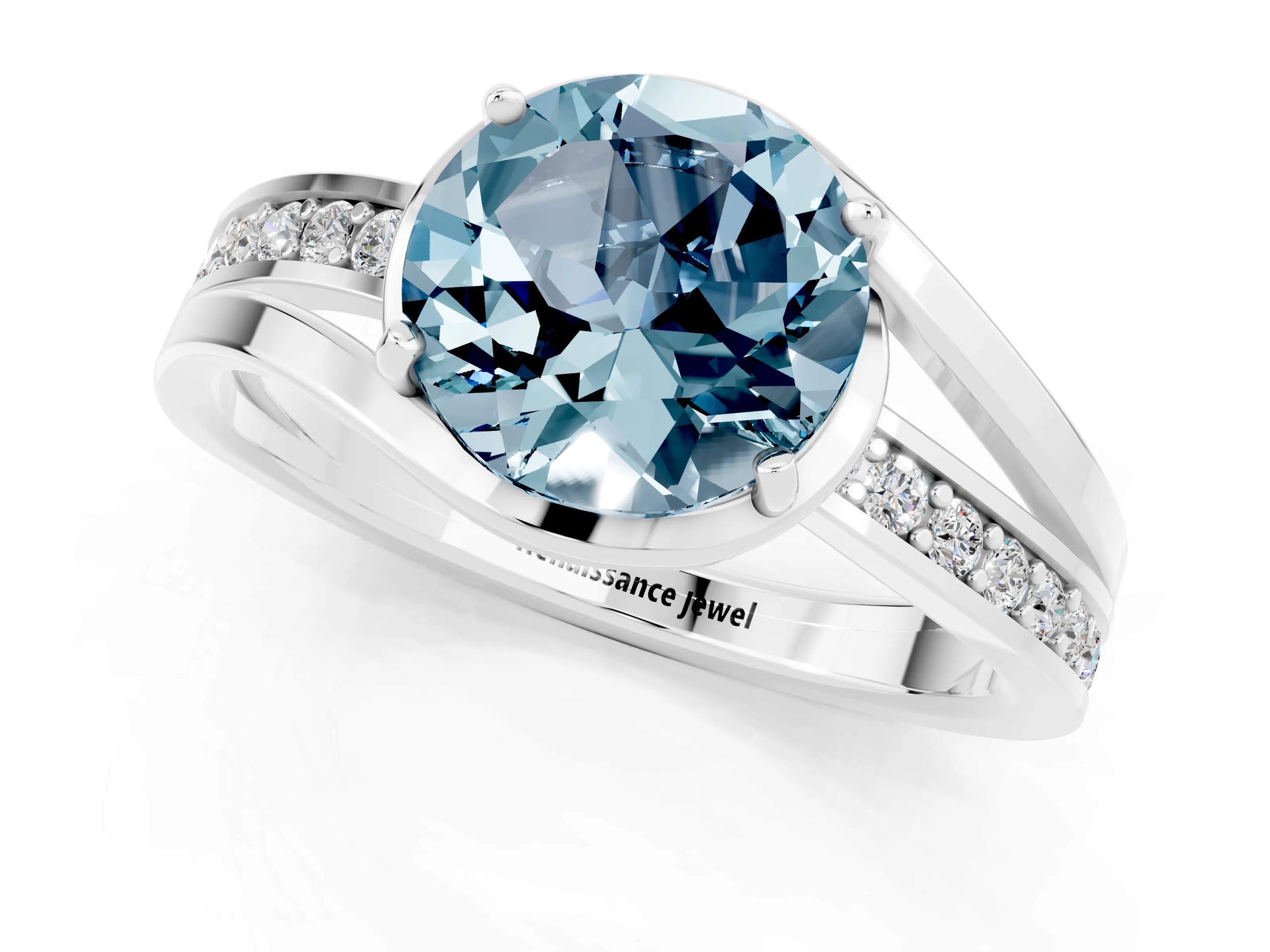 White gold Round Cut Aquamarine Solitaire Ring with Split Shank and Prong Setting_1