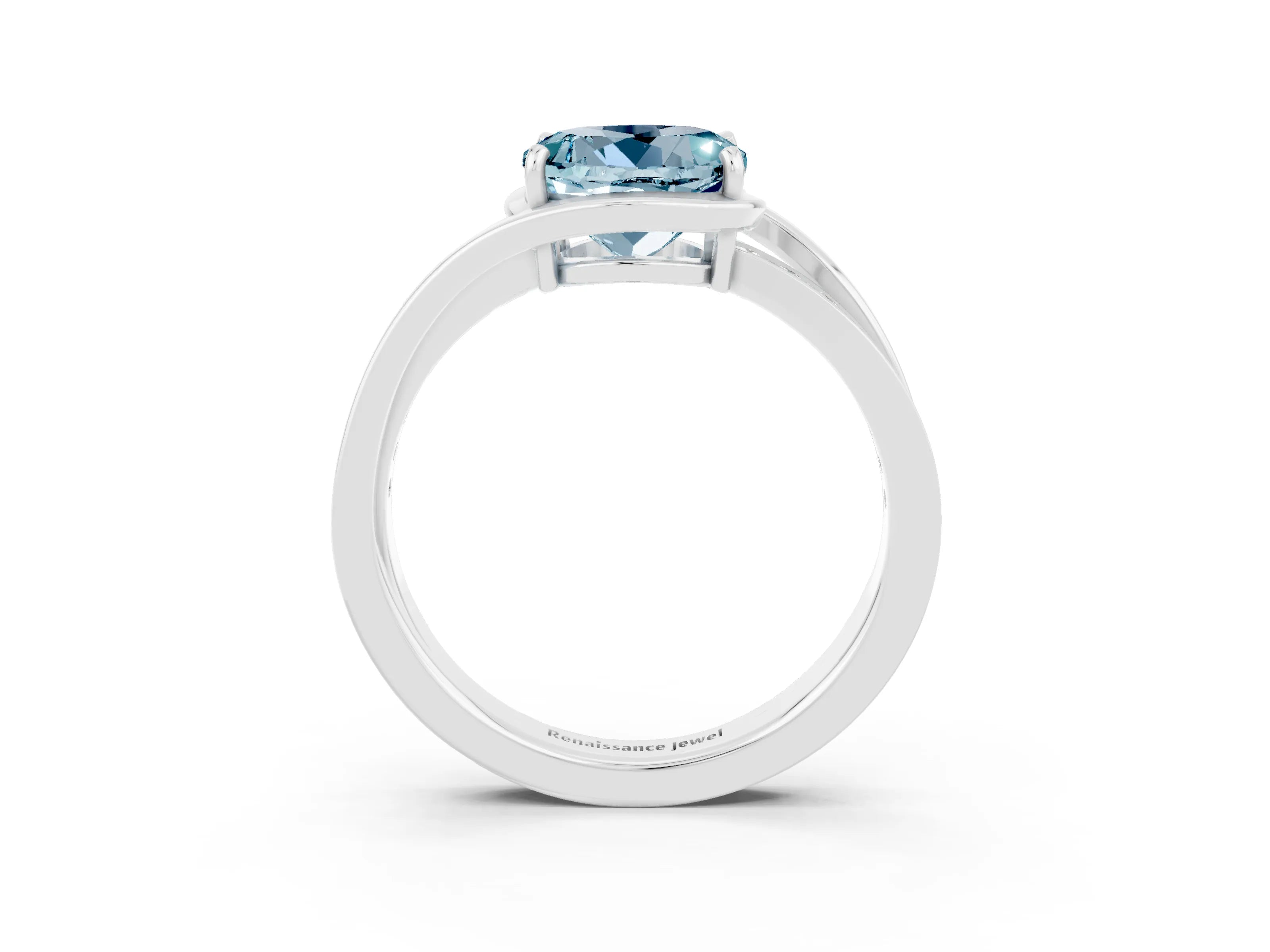 White gold Round Cut Aquamarine Solitaire Ring with Split Shank and Prong Setting_3