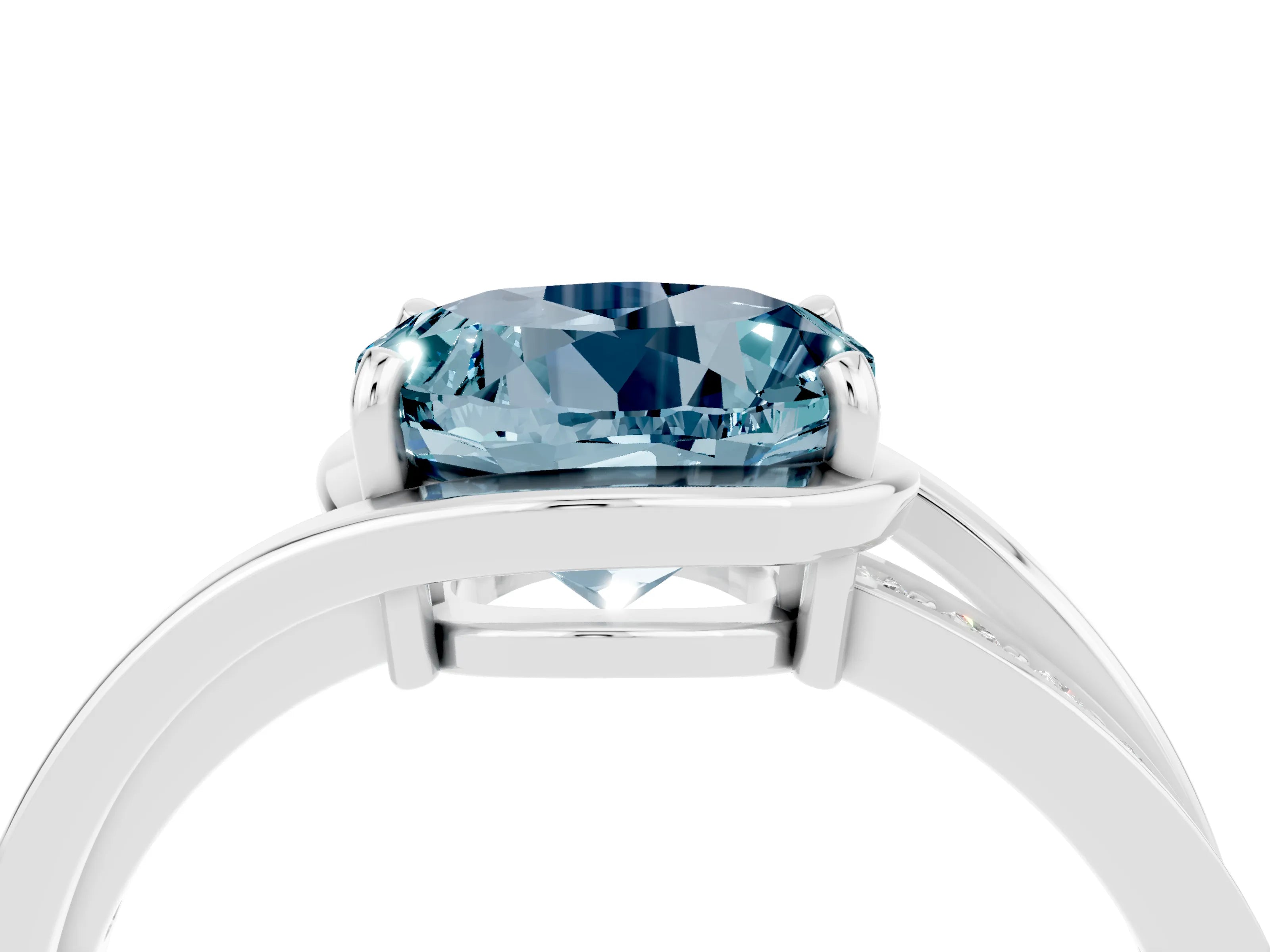 White gold Round Cut Aquamarine Solitaire Ring with Split Shank and Prong Setting_4