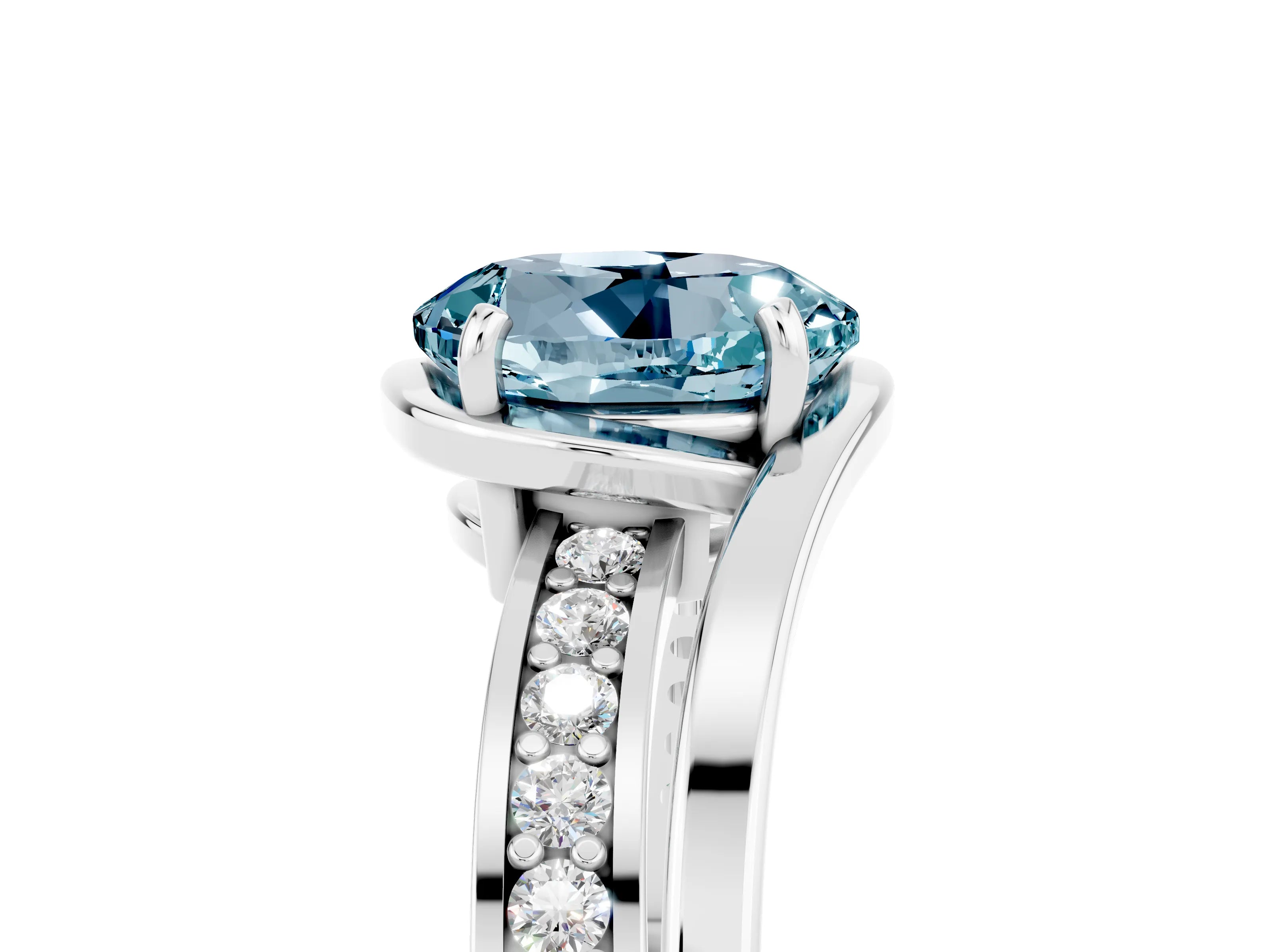 White gold Round Cut Aquamarine Solitaire Ring with Split Shank and Prong Setting_5