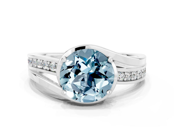 White gold Round Cut Aquamarine Solitaire Ring with Split Shank and Prong Setting