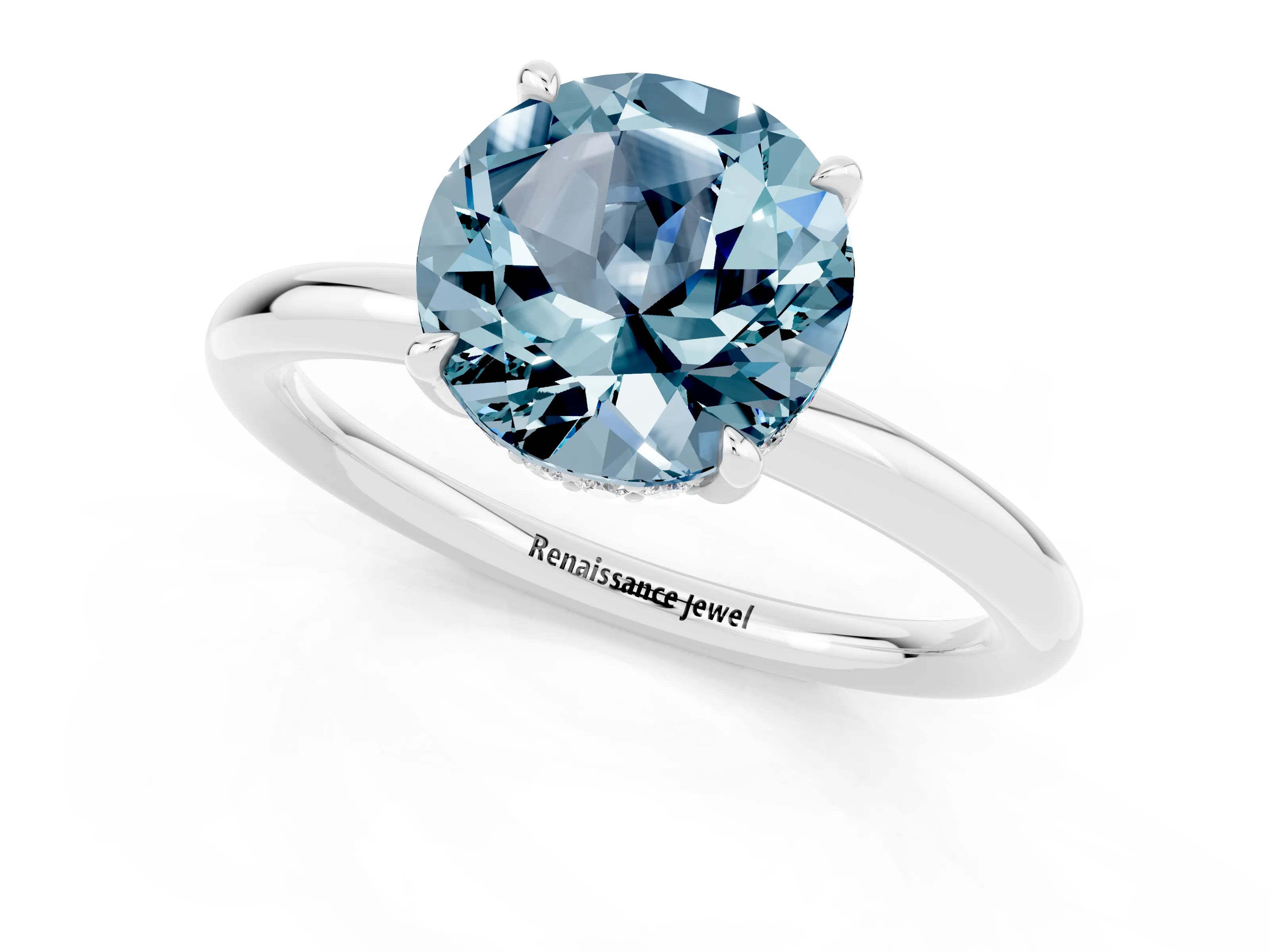 White gold Round Cut Aquamarine Solitaire Ring with Thin Band and Four-Prong Setting_13
