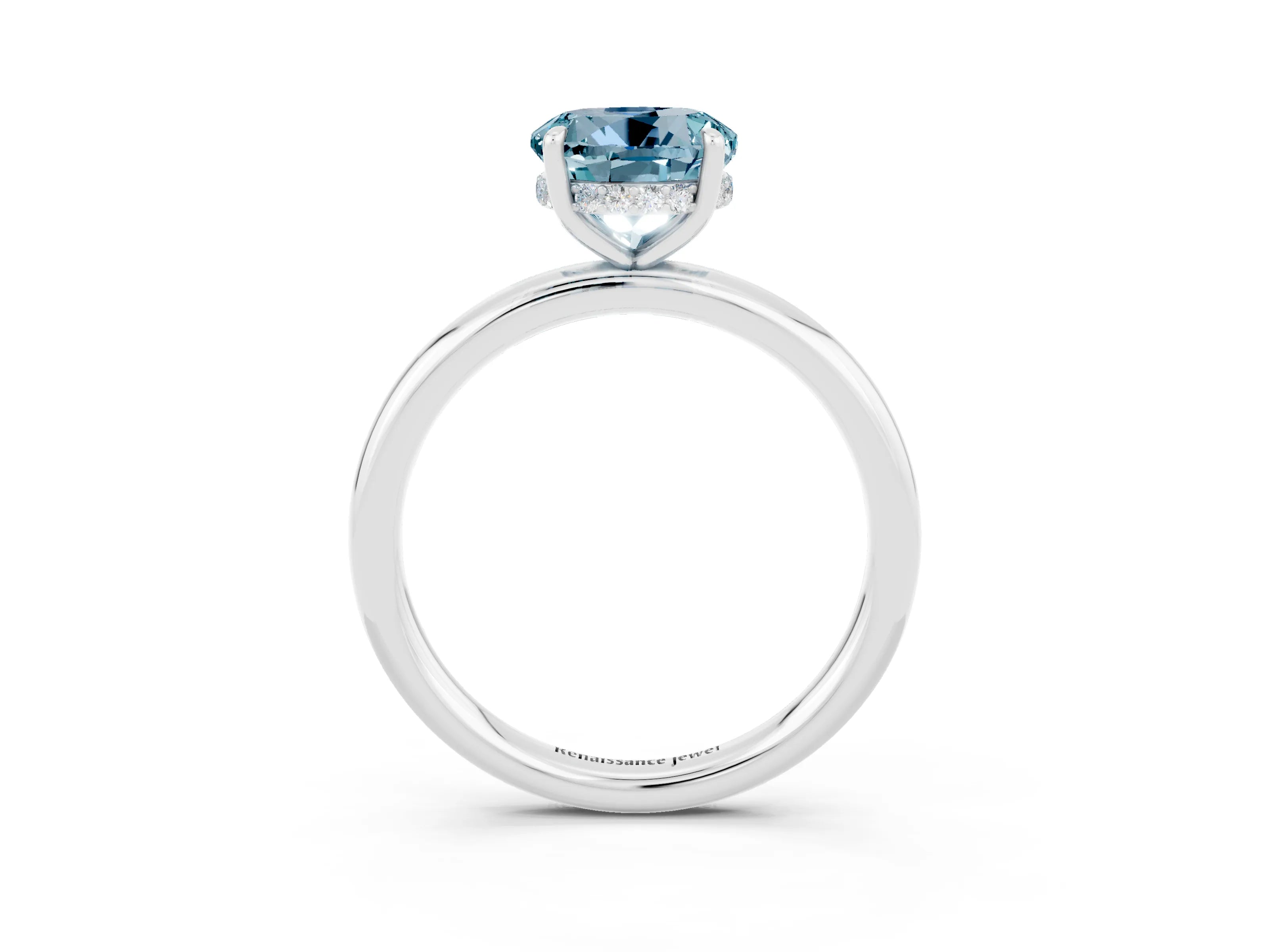 White gold Round Cut Aquamarine Solitaire Ring with Thin Band and Four-Prong Setting_15