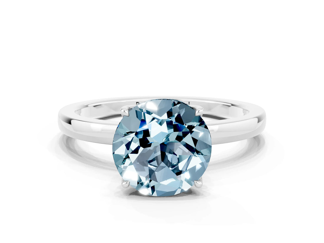 White gold Round Cut Aquamarine Solitaire Ring with Thin Band and Prong Setting_12