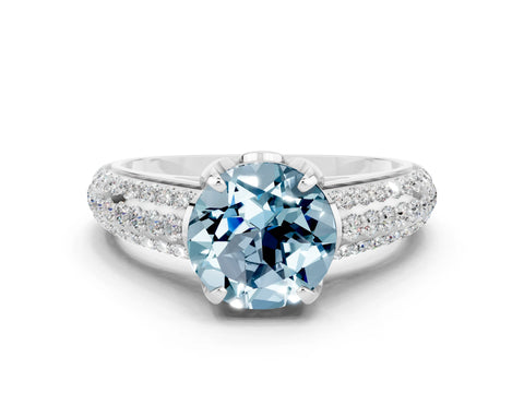 White gold Round Cut Aquamarine Solitaire Ring with Three-Row Pavé Band and Four-Prong Setting_12