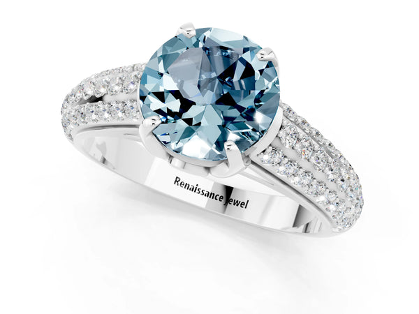 White gold Round Cut Aquamarine Solitaire Ring with Three-Row Pavé Band and Four-Prong Setting