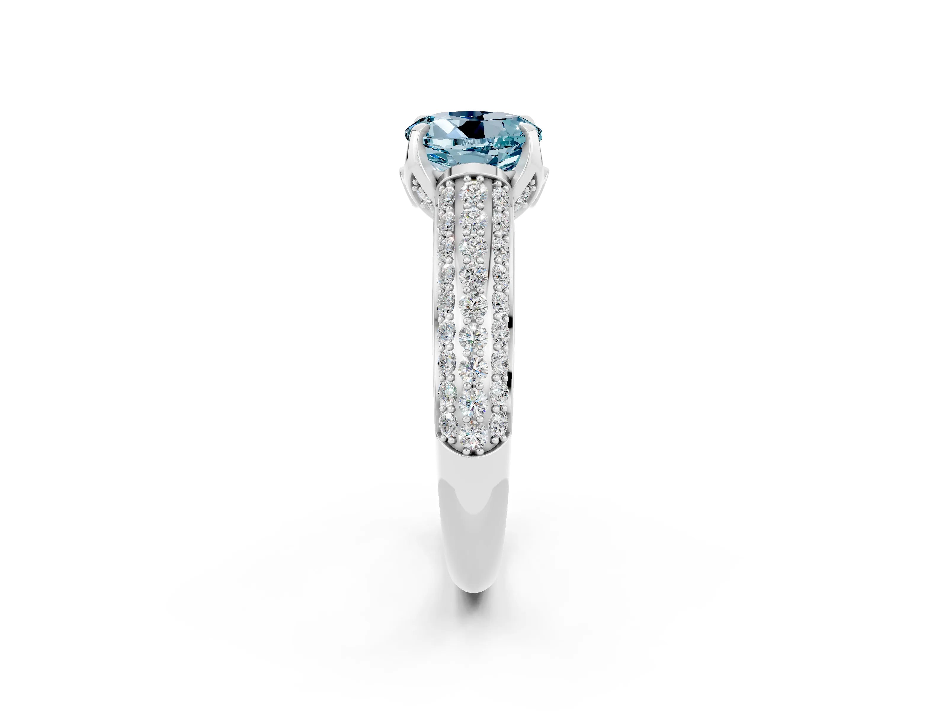 White gold Round Cut Aquamarine Solitaire Ring with Three-Row Pavé Band and Four-Prong Setting_14