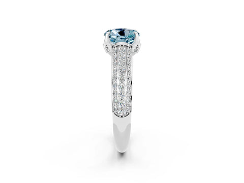 White gold Round Cut Aquamarine Solitaire Ring with Three-Row Pavé Band and Four-Prong Setting_14