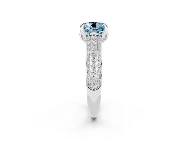 Silver Round Cut Aquamarine Solitaire Ring with Three-Row Pavé Band and Four-Prong Setting