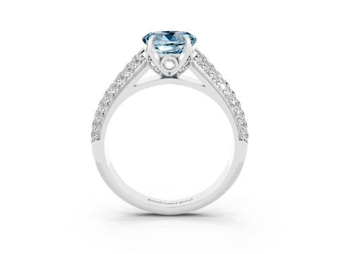 White gold Round Cut Aquamarine Solitaire Ring with Three-Row Pavé Band and Four-Prong Setting_15