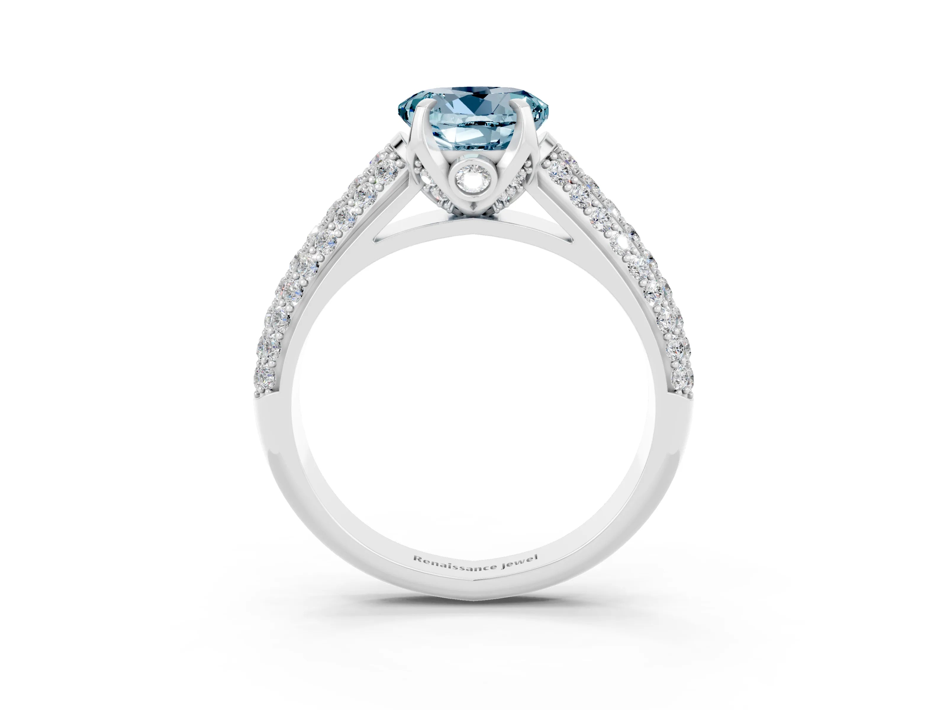 White gold Round Cut Aquamarine Solitaire Ring with Three-Row Pavé Band and Four-Prong Setting_15