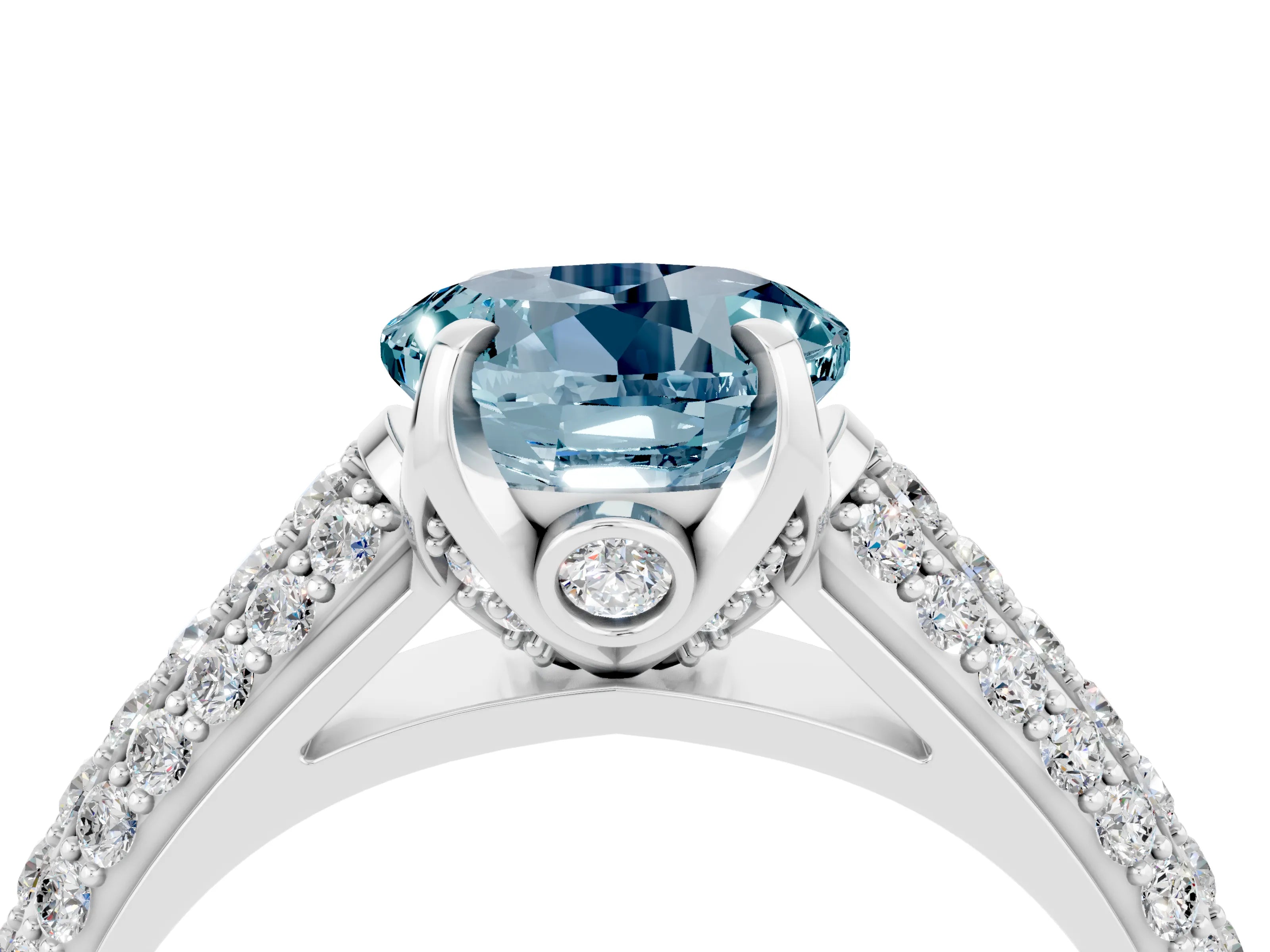 White gold Round Cut Aquamarine Solitaire Ring with Three-Row Pavé Band and Four-Prong Setting_16