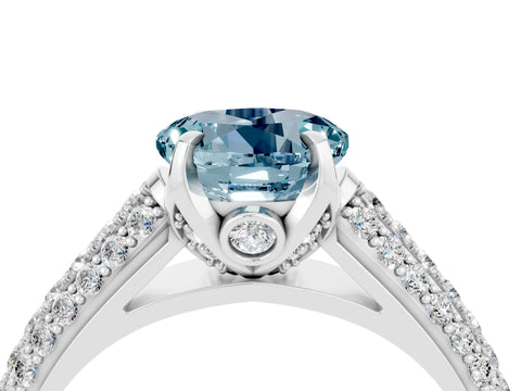 White gold Round Cut Aquamarine Solitaire Ring with Three-Row Pavé Band and Four-Prong Setting_16