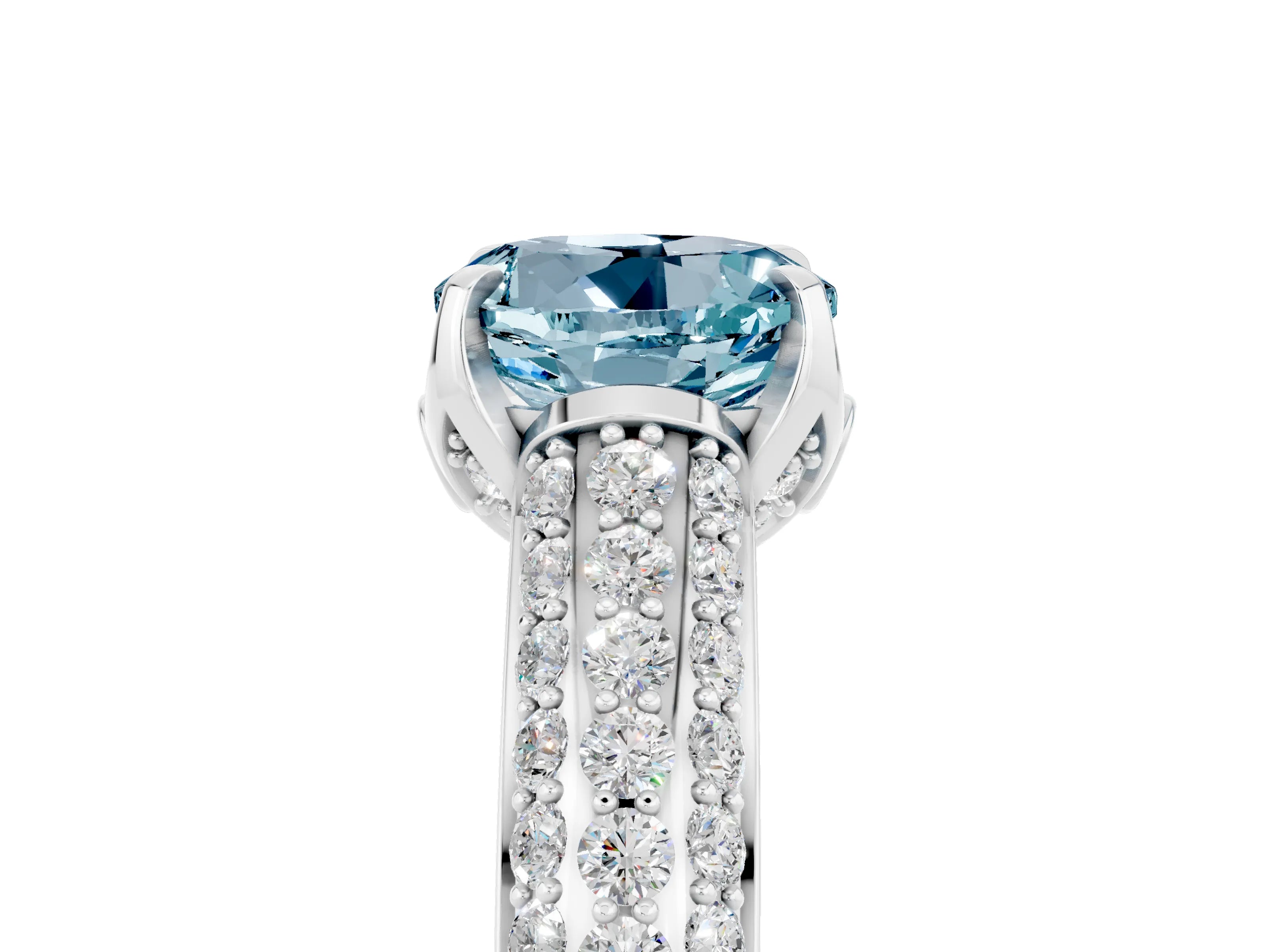 White gold Round Cut Aquamarine Solitaire Ring with Three-Row Pavé Band and Four-Prong Setting_17
