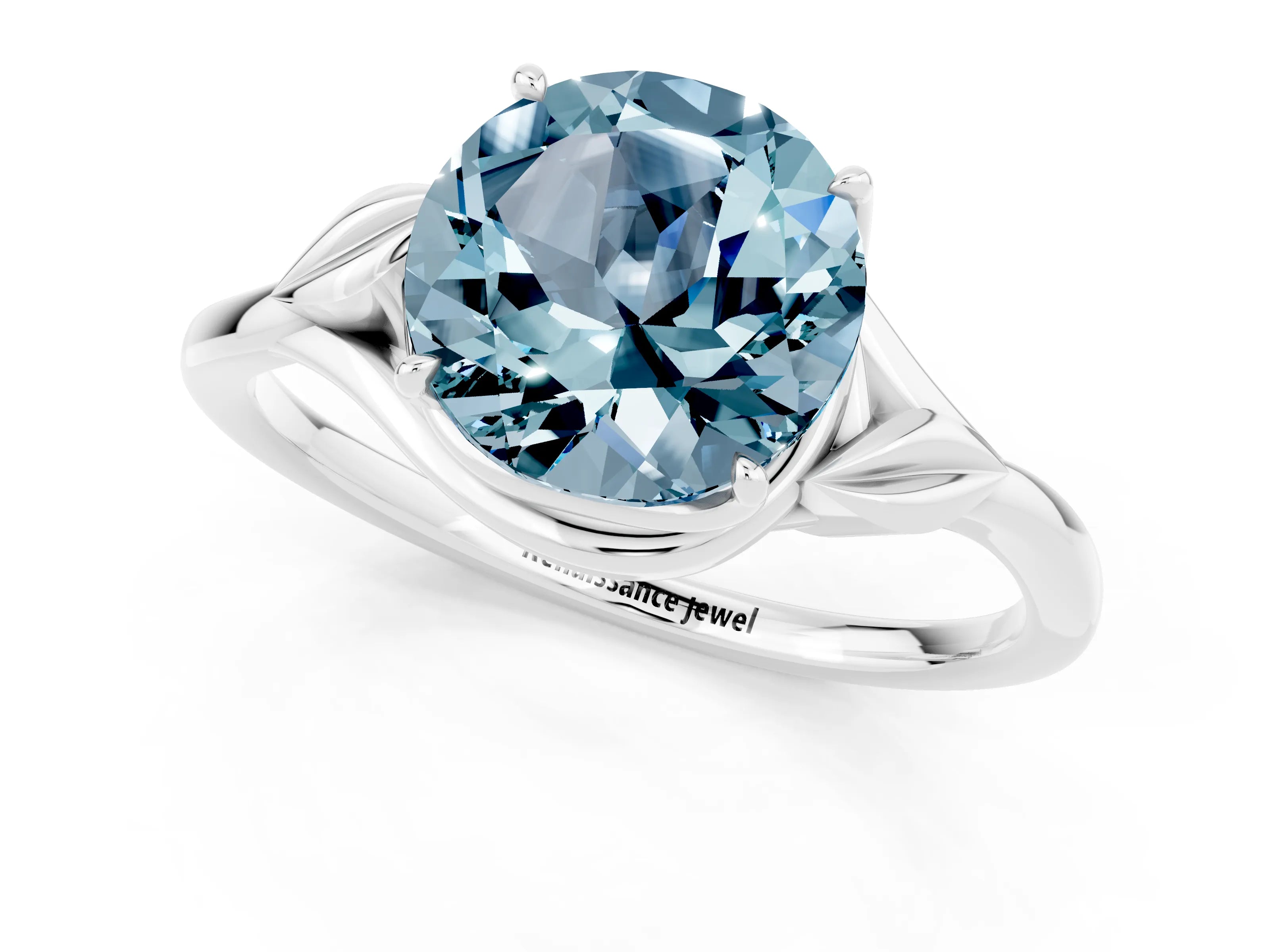 White gold Round Cut Aquamarine Solitaire Ring with Twist Band and Four-Prong Setting_13