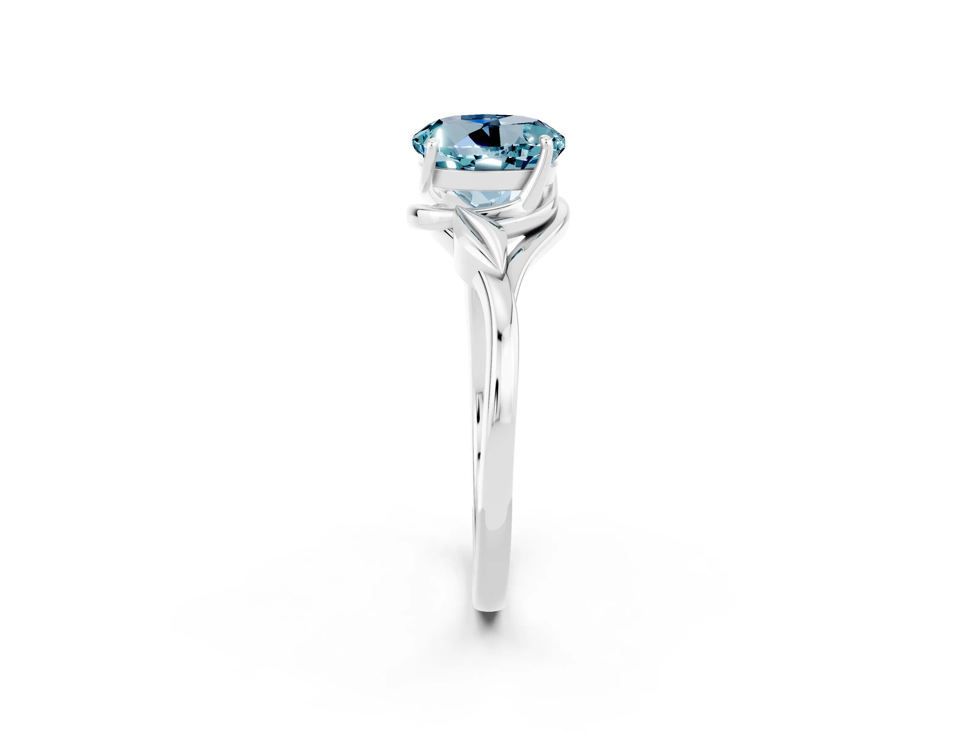 White gold Round Cut Aquamarine Solitaire Ring with Twist Band and Four-Prong Setting_14
