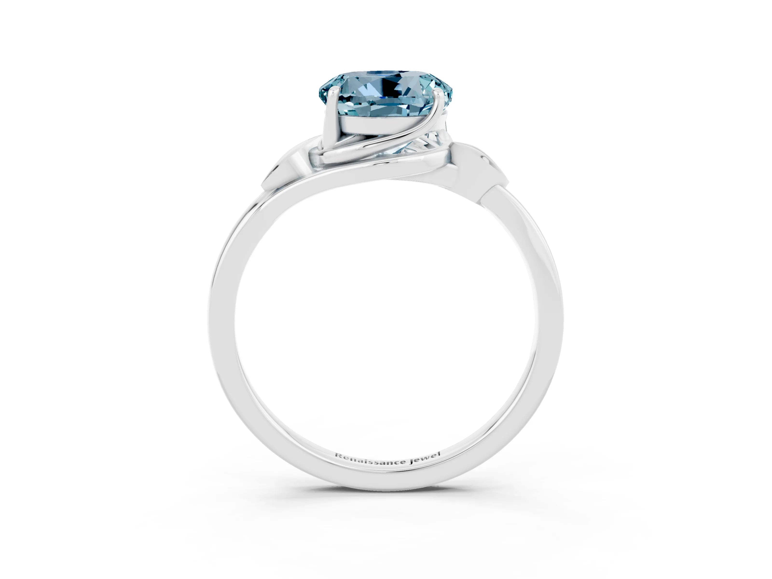 White gold Round Cut Aquamarine Solitaire Ring with Twist Band and Four-Prong Setting_15