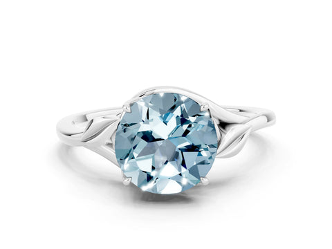White gold Round Cut Aquamarine Solitaire Ring with Twist Band and Four-Prong Setting_36