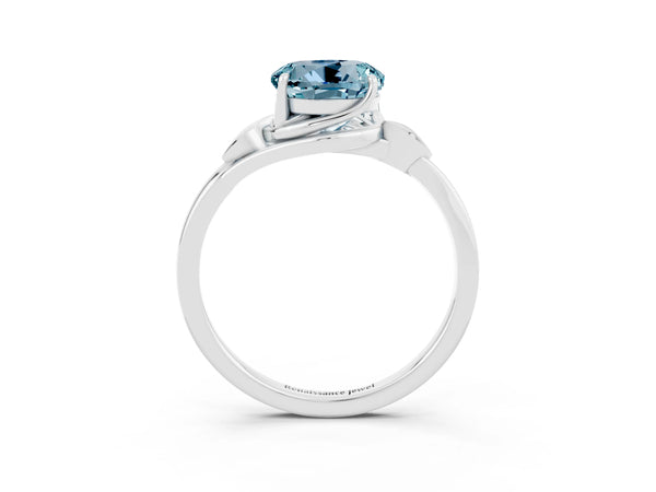 White gold Round Cut Aquamarine Solitaire Ring with Twist Band and Four-Prong Setting