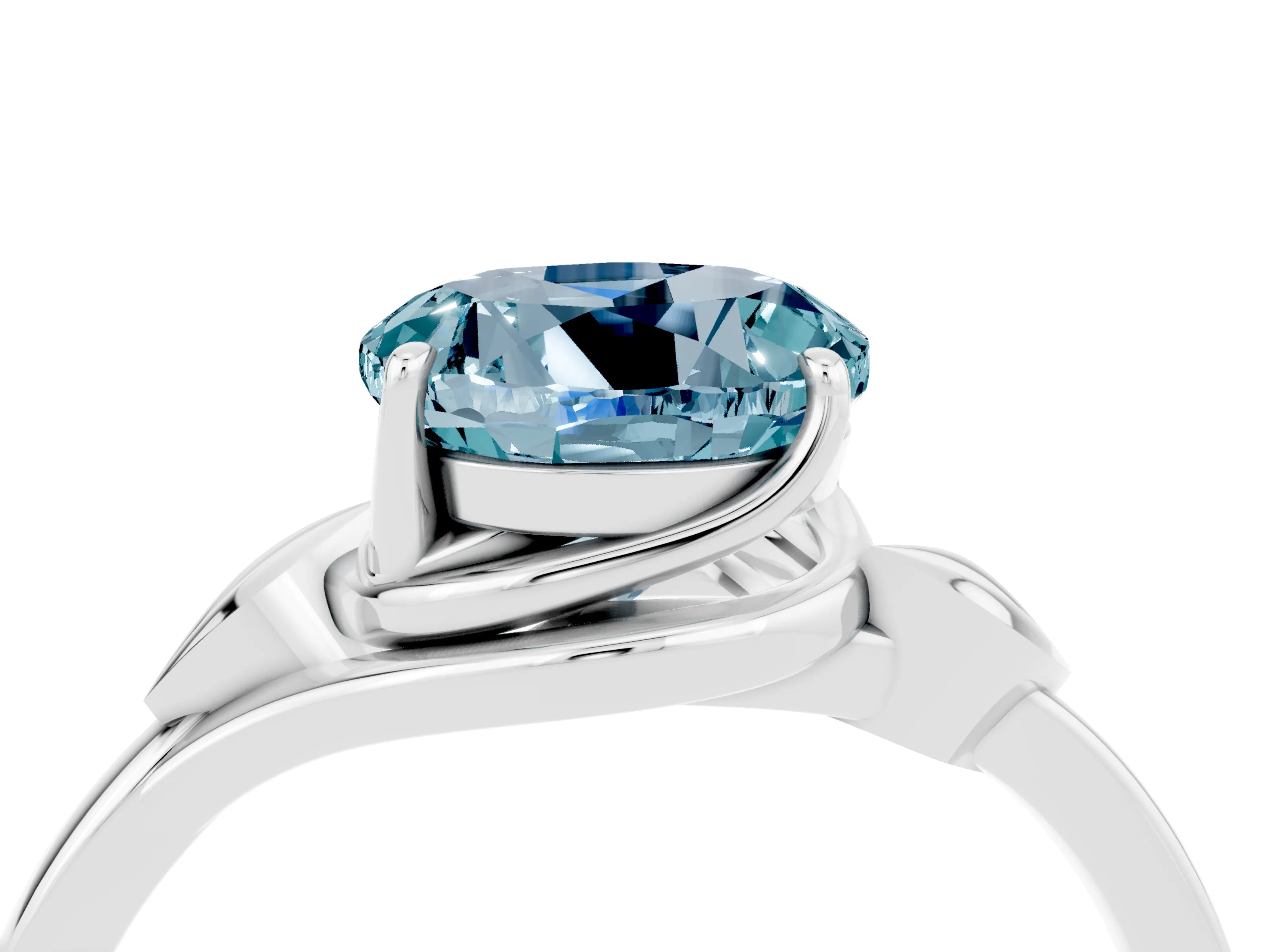 White gold Round Cut Aquamarine Solitaire Ring with Twist Band and Four-Prong Setting_40
